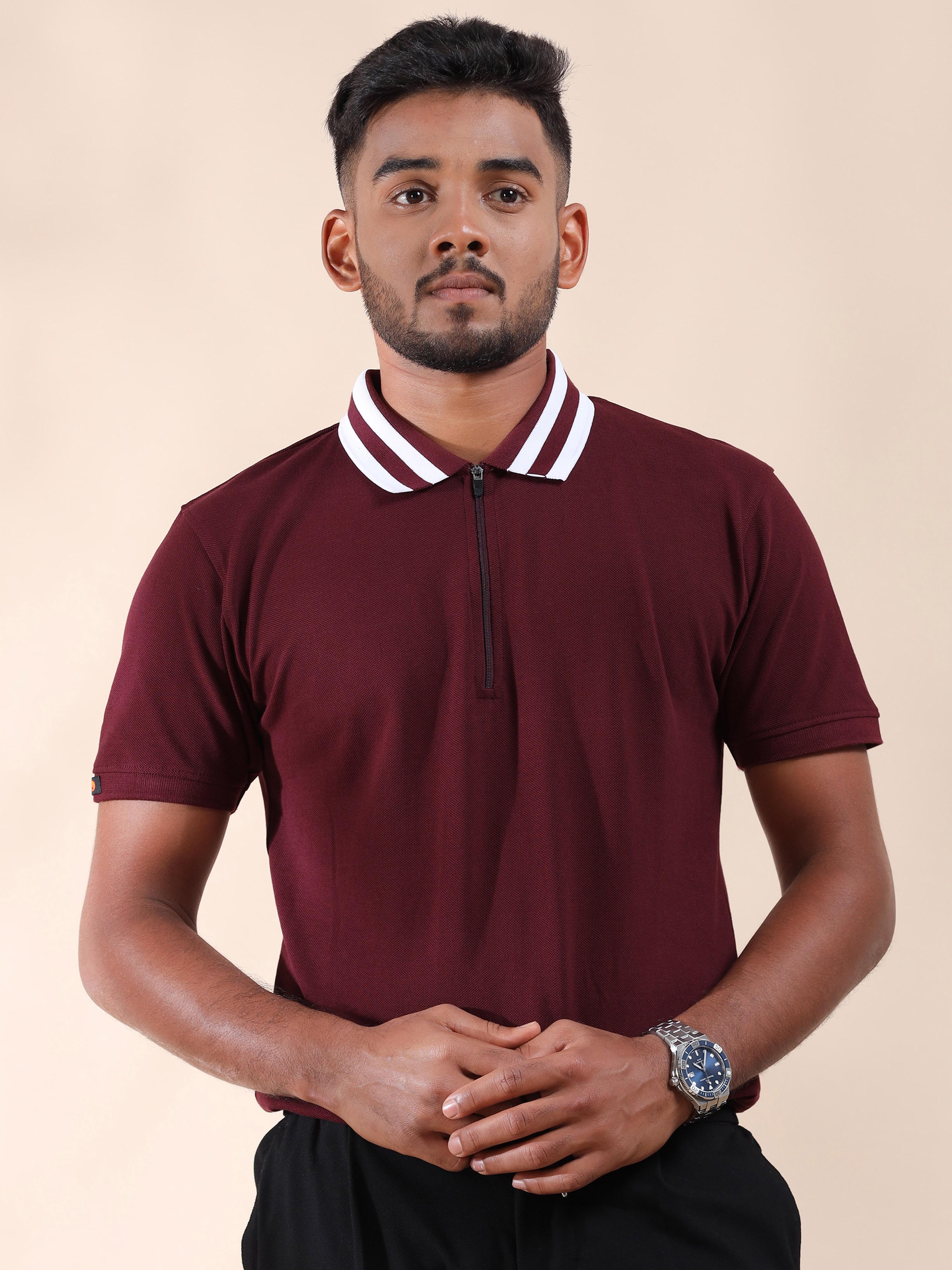 White Striped Collar Maroon Mens Cotton Polo Shirts