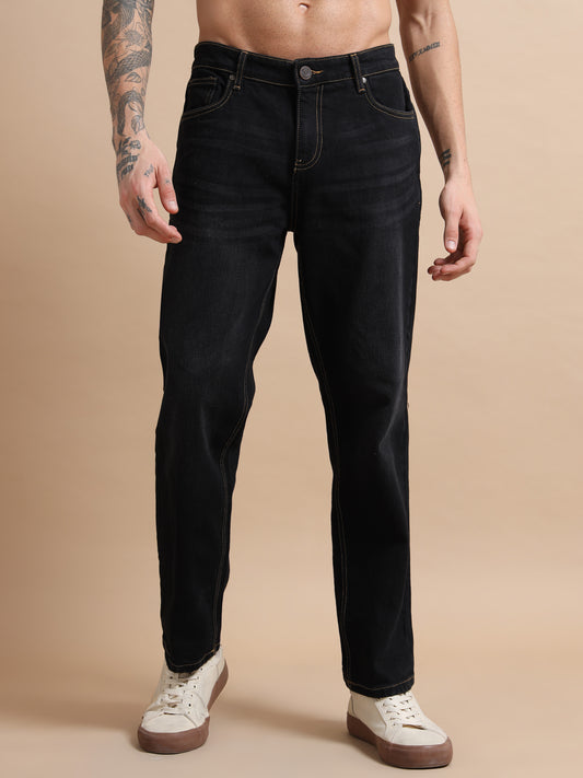 Straight Fit Plus Size Black Jeans with Washed Effect