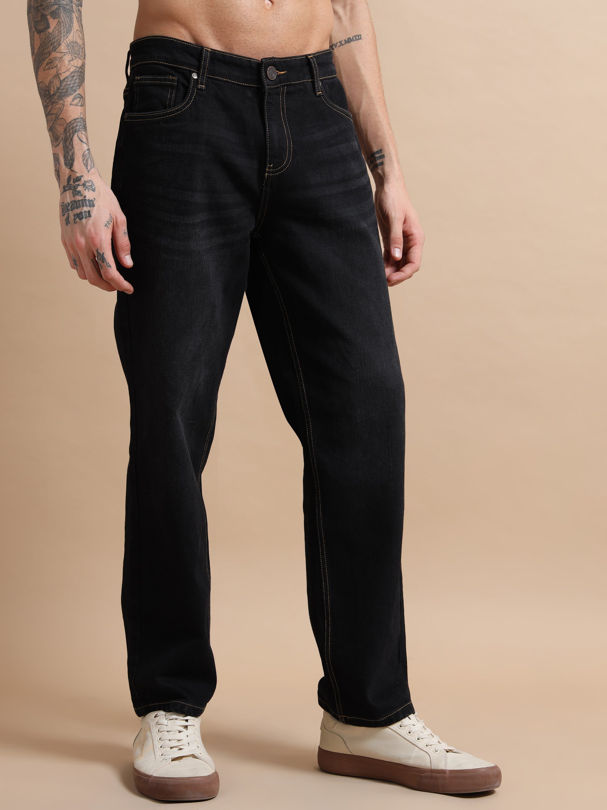 Straight Fit Plus Size Black Jeans with Washed Effect