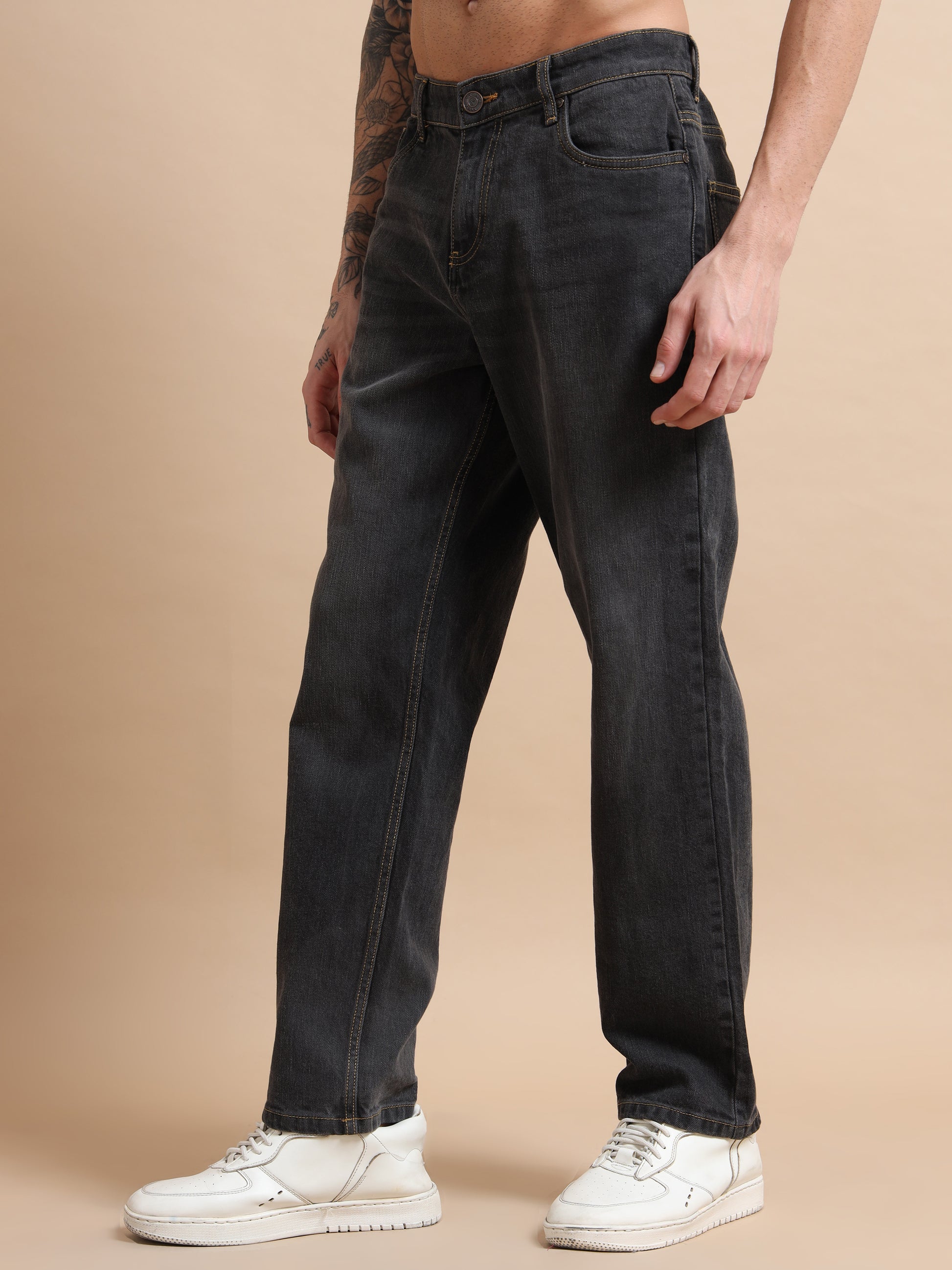 Men's Ash Black Plus Size Denim with Washed Effect