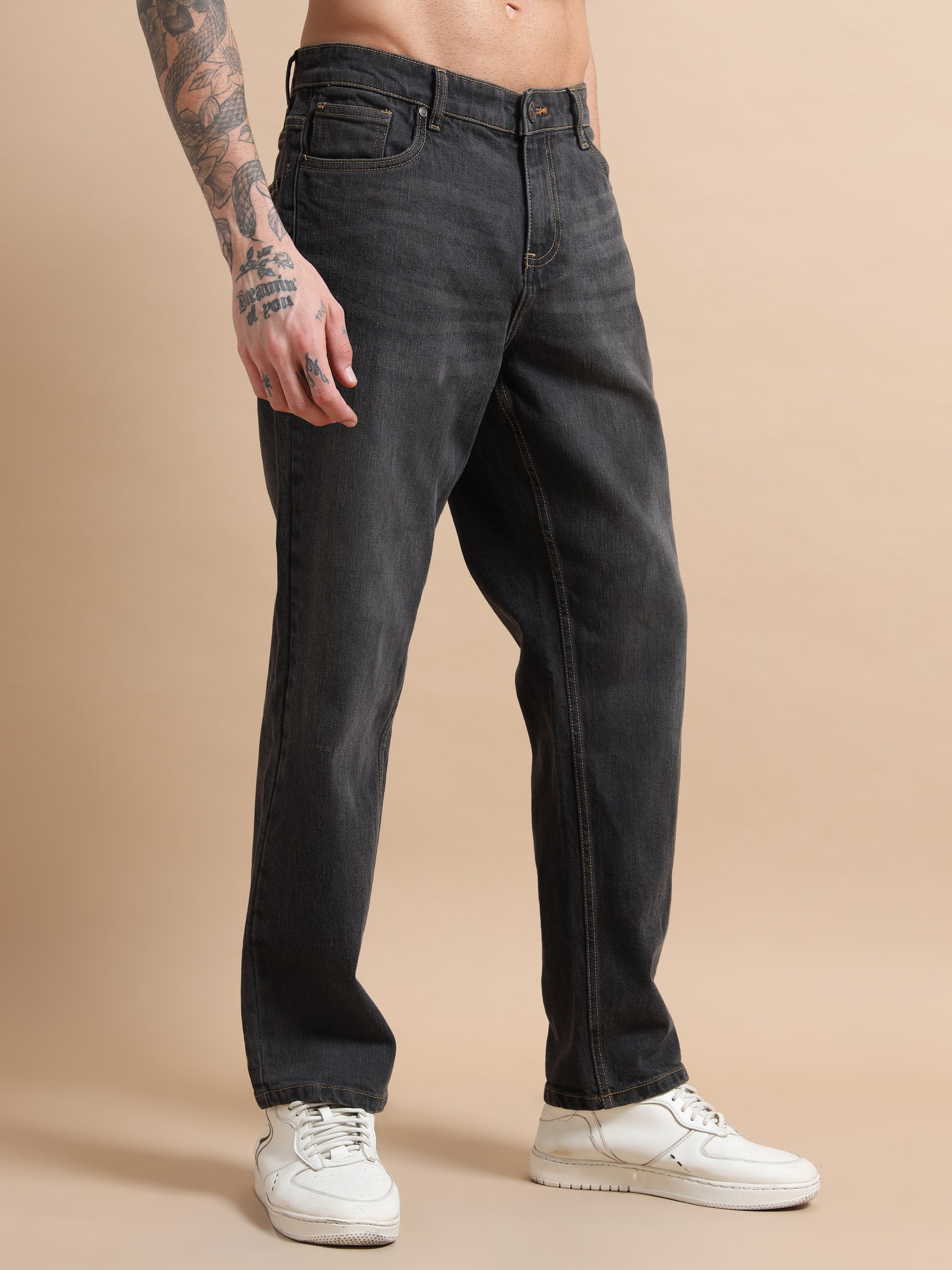 Men's Ash Black Plus Size Denim with Washed Effect