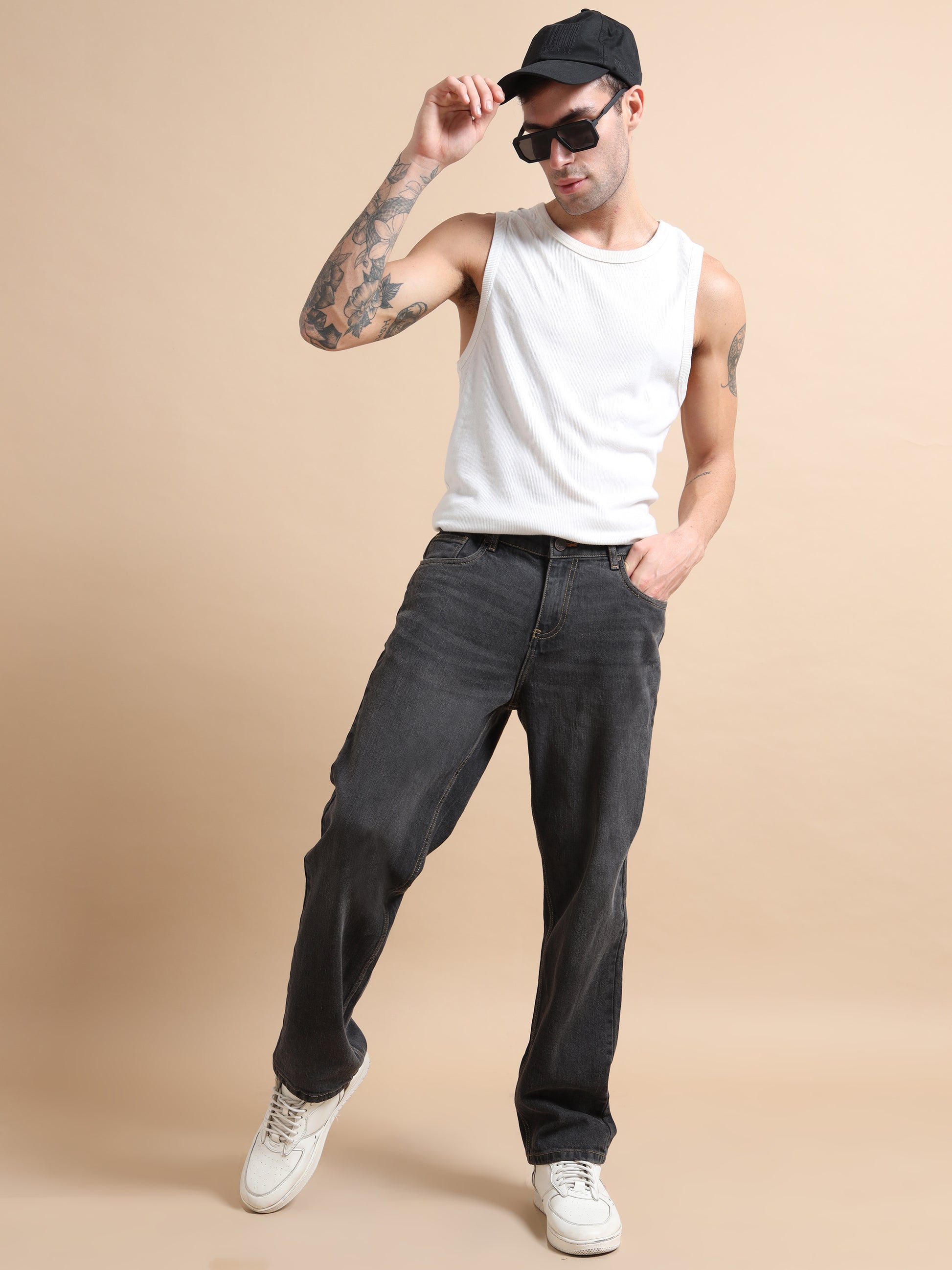 Men's Ash Black Plus Size Denim with Washed Effect