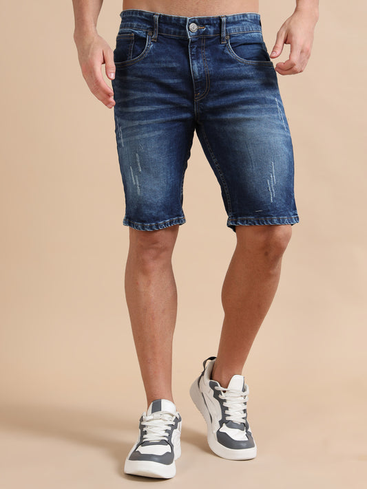 Dobby Lycra Distressed Blue Jean Shorts for Plus Size