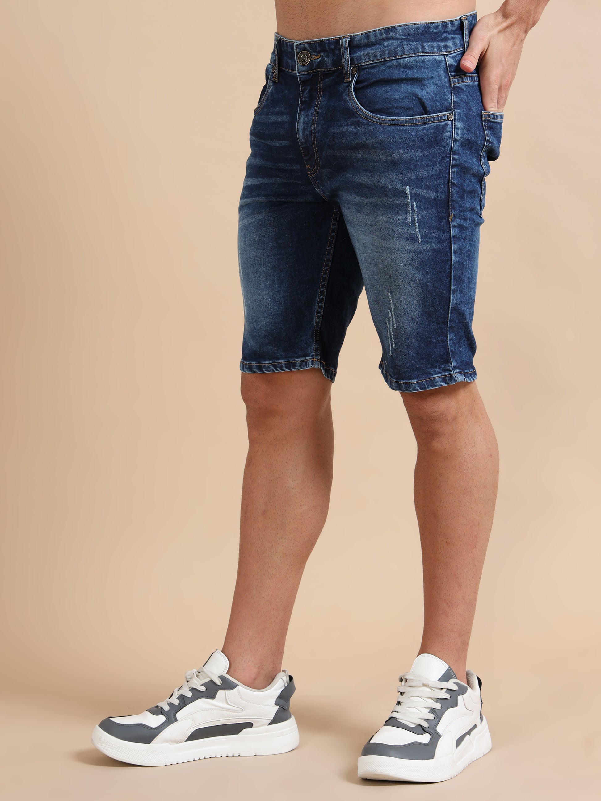 Dobby Lycra Distressed Blue Jean Shorts for Plus Size