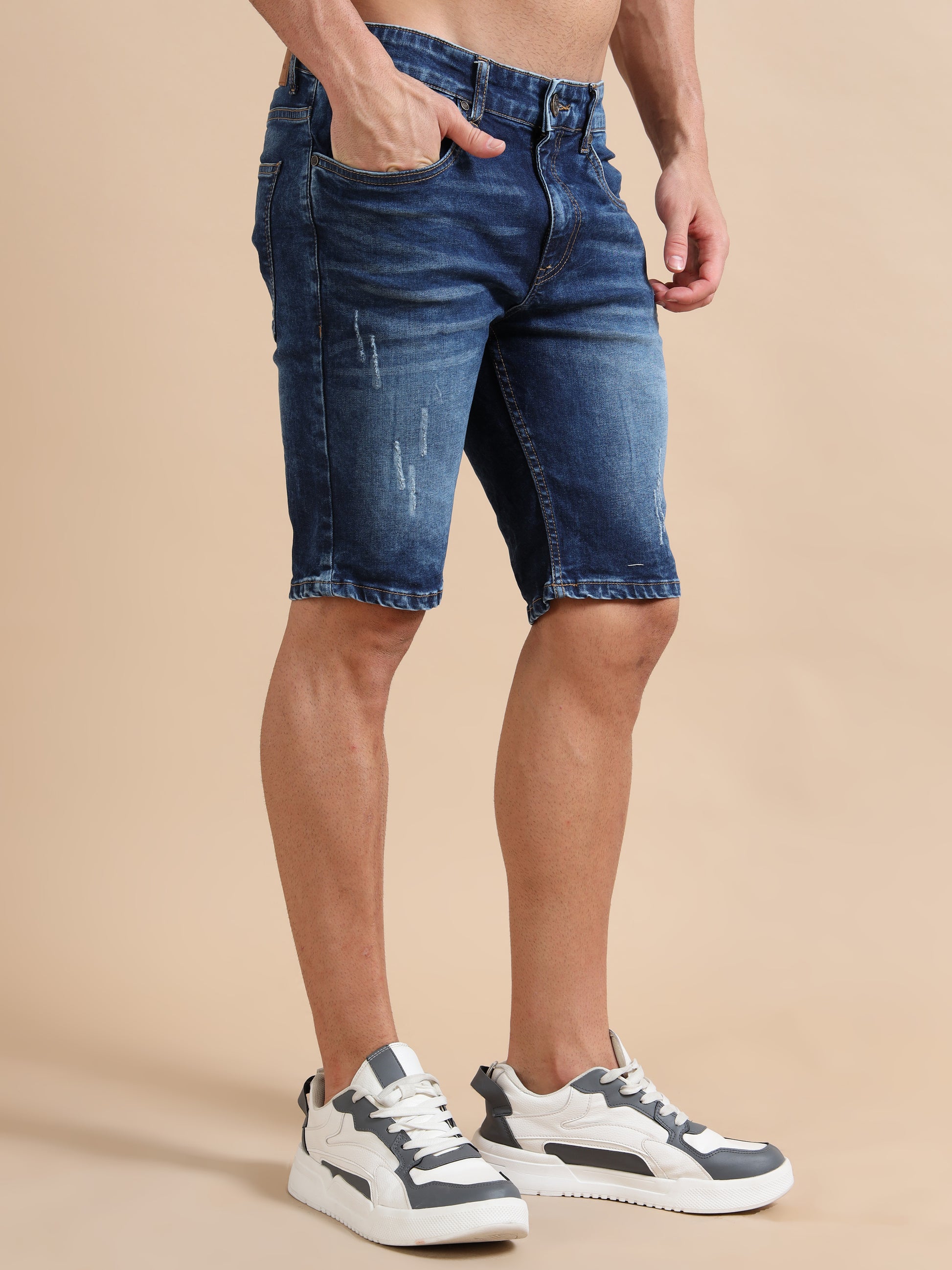 Dobby Lycra Distressed Blue Jean Shorts for Plus Size