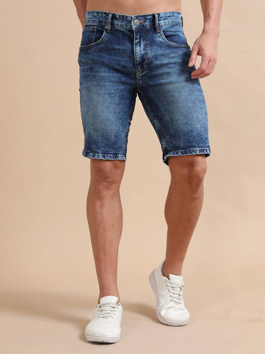 Knitted Dobby Lycra Washed Blue Plus Size Shorts