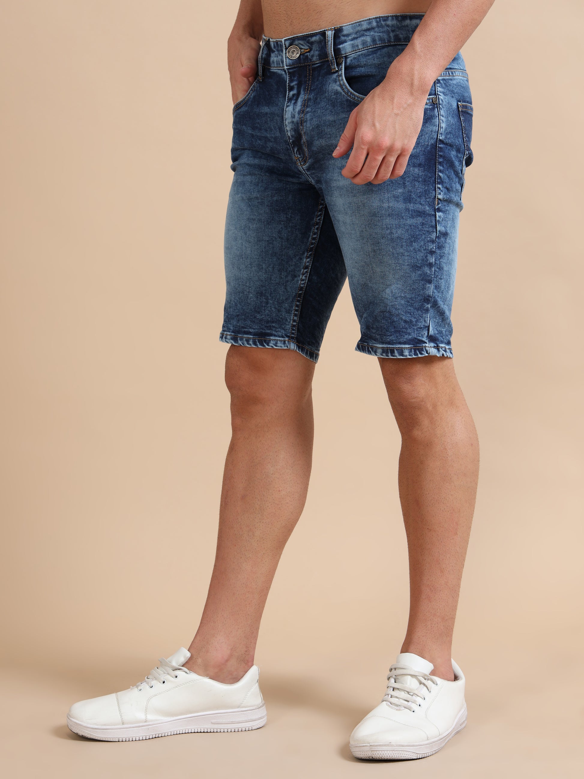 Knitted Dobby Lycra Washed Blue Plus Size Shorts