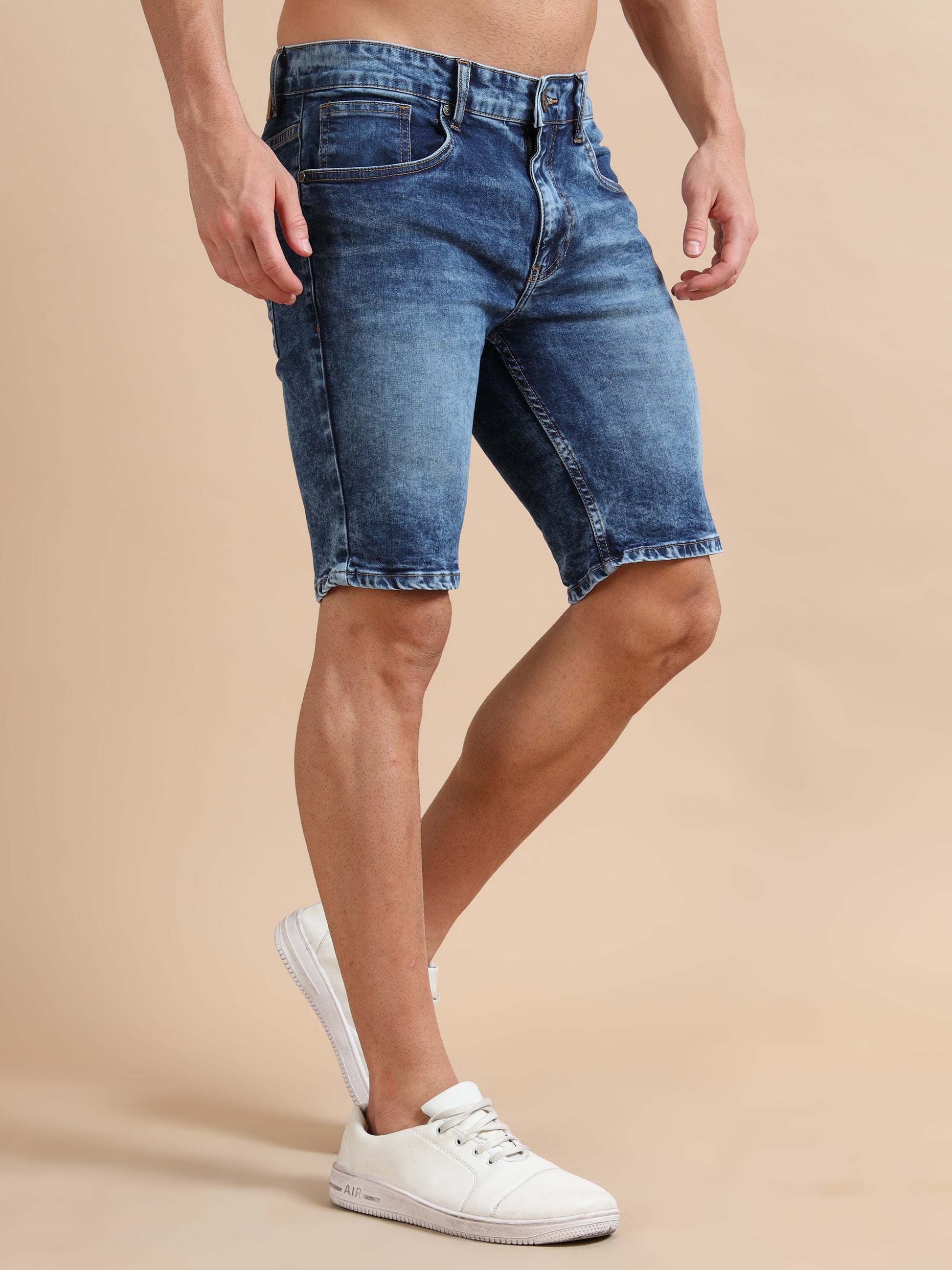 Knitted Dobby Lycra Washed Blue Plus Size Shorts