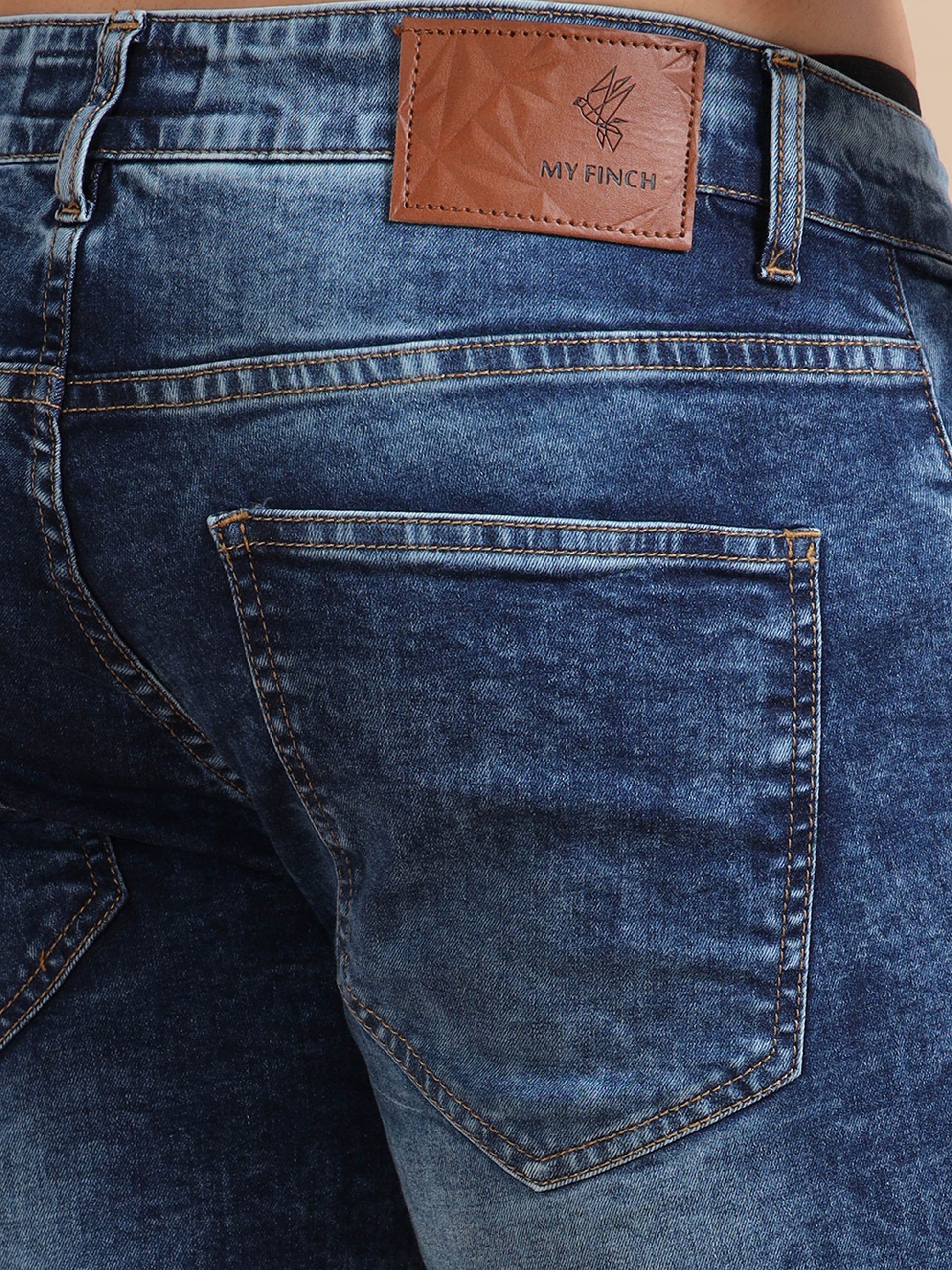 Knitted Dobby Lycra Washed Blue Denim Shorts for Men