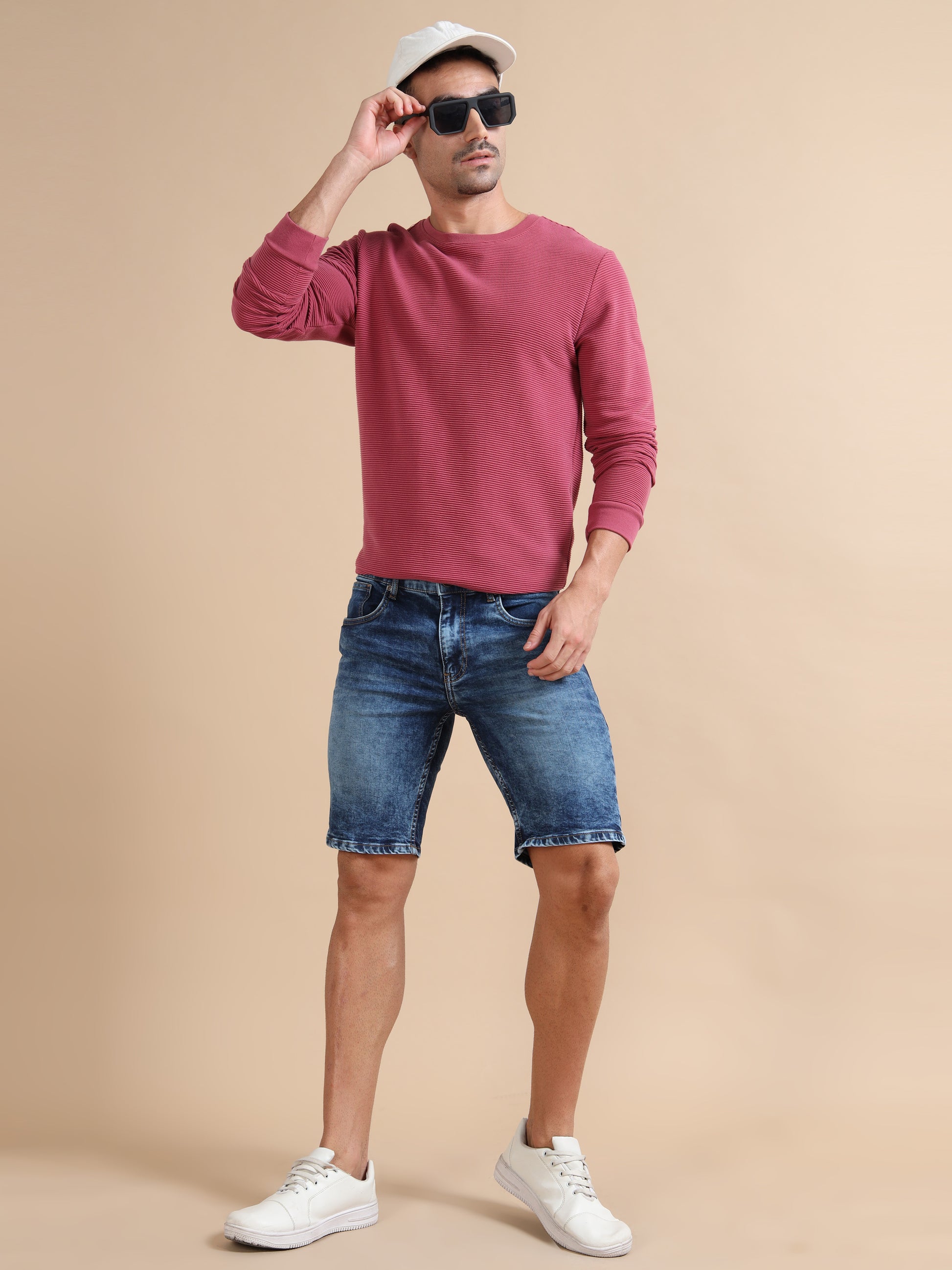 Knitted Dobby Lycra Washed Blue Plus Size Shorts