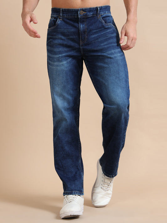 Straight Fit Mid Blue Jeans for Big Guys with Washed Effect