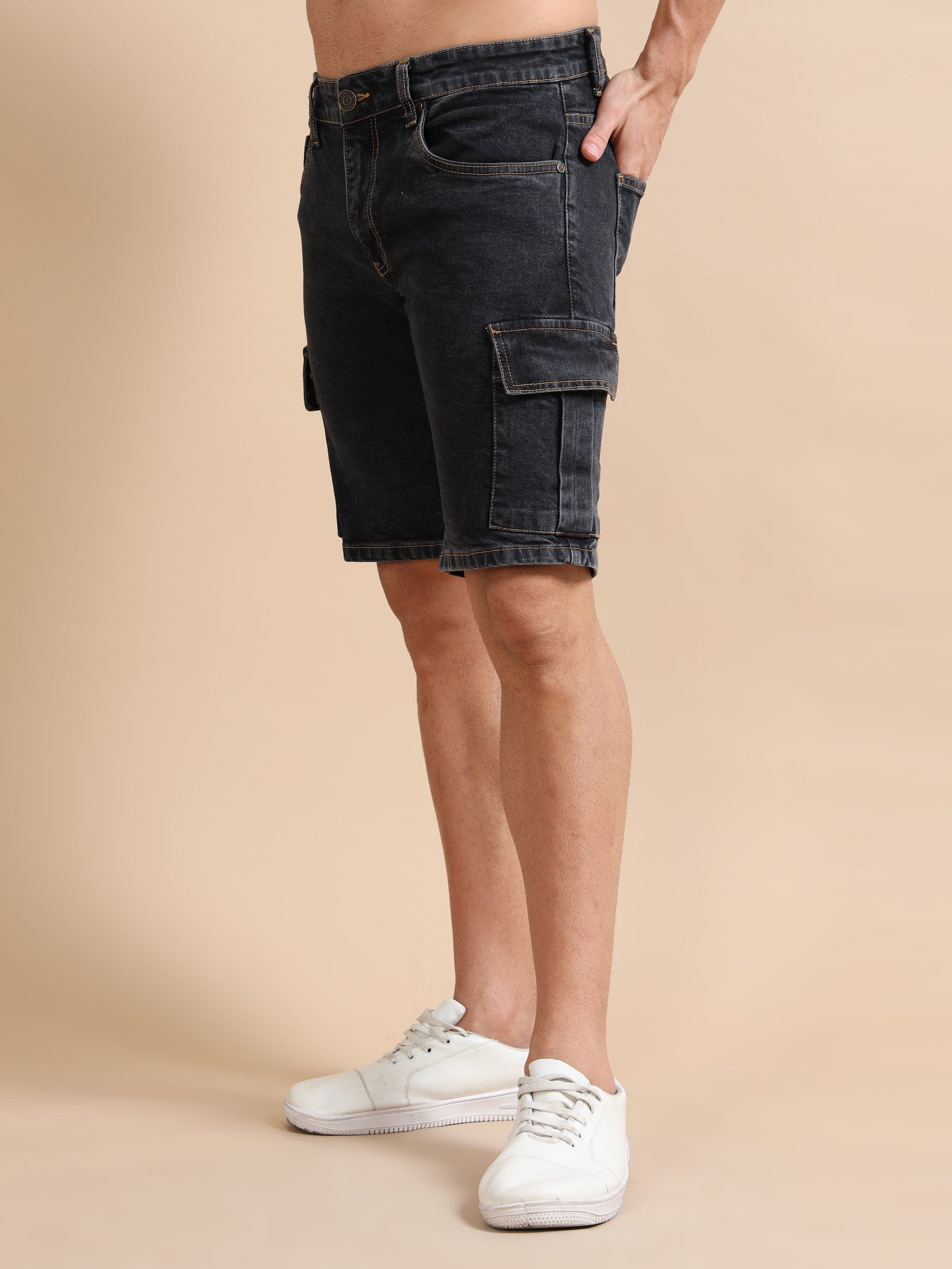 Knitted Dobby Lycra Cargo Plus Size Black Shorts for Men