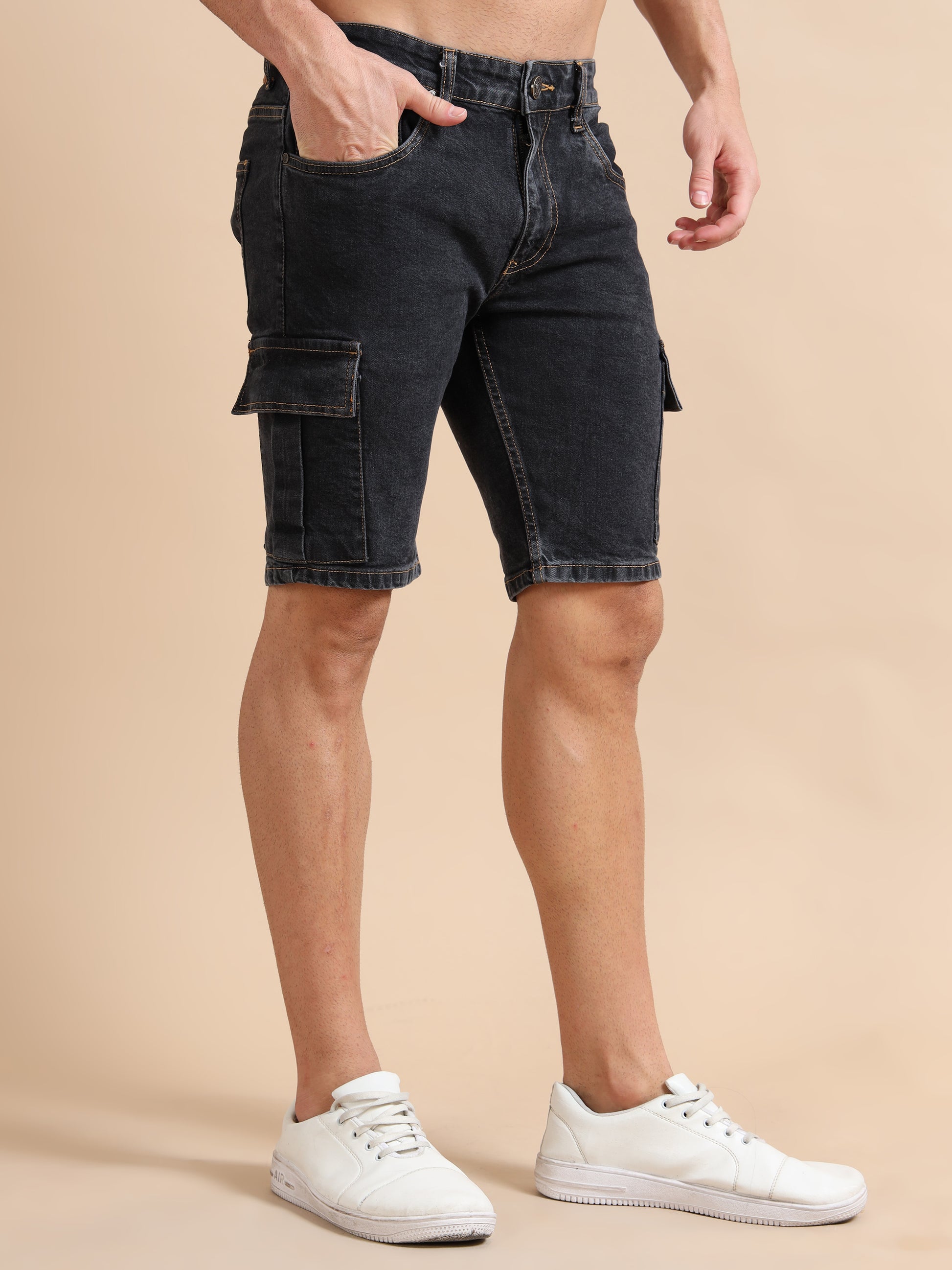 Knitted Dobby Lycra Cargo Plus Size Black Shorts for Men