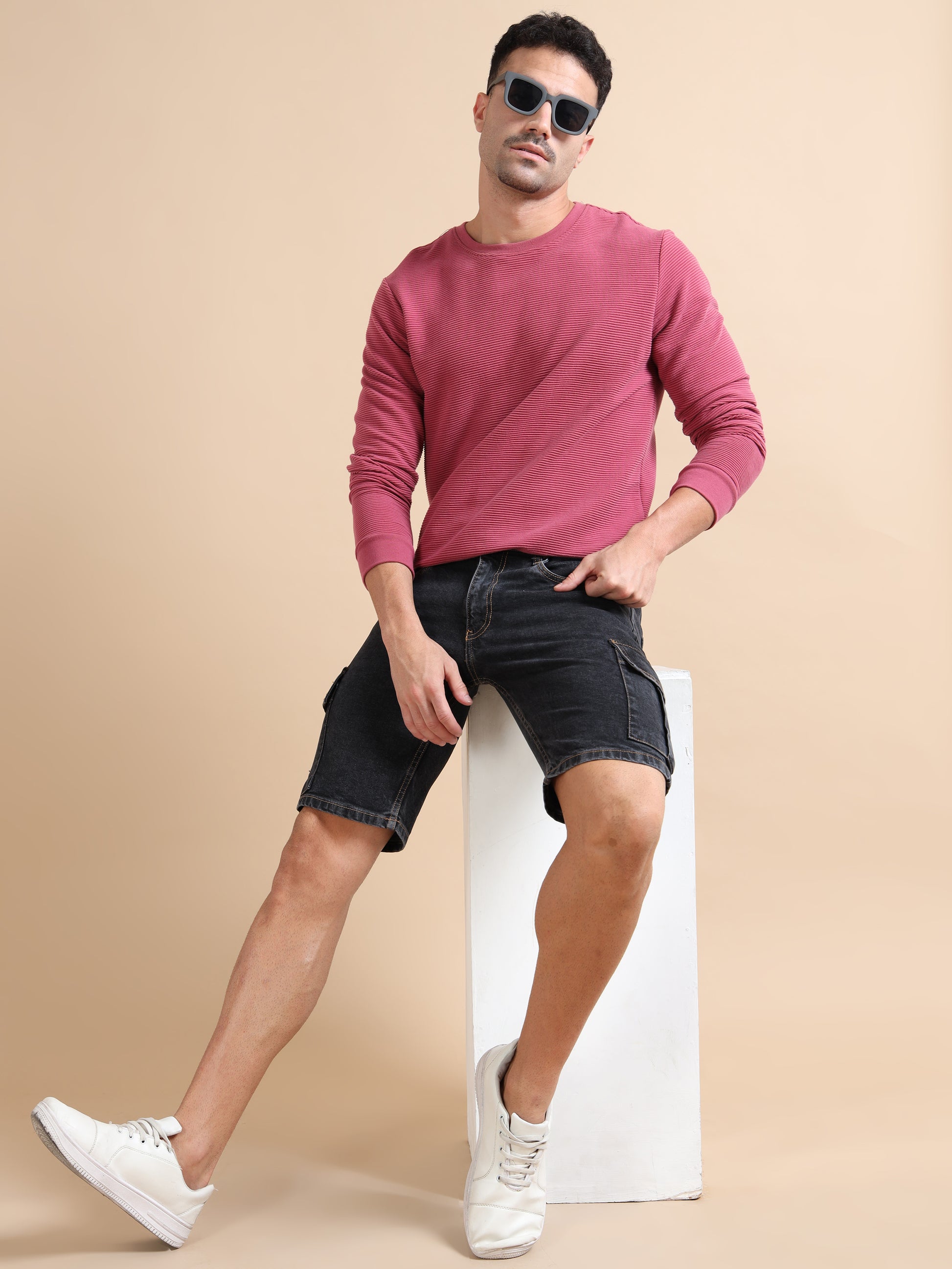 Knitted Dobby Lycra Cargo Plus Size Black Shorts for Men