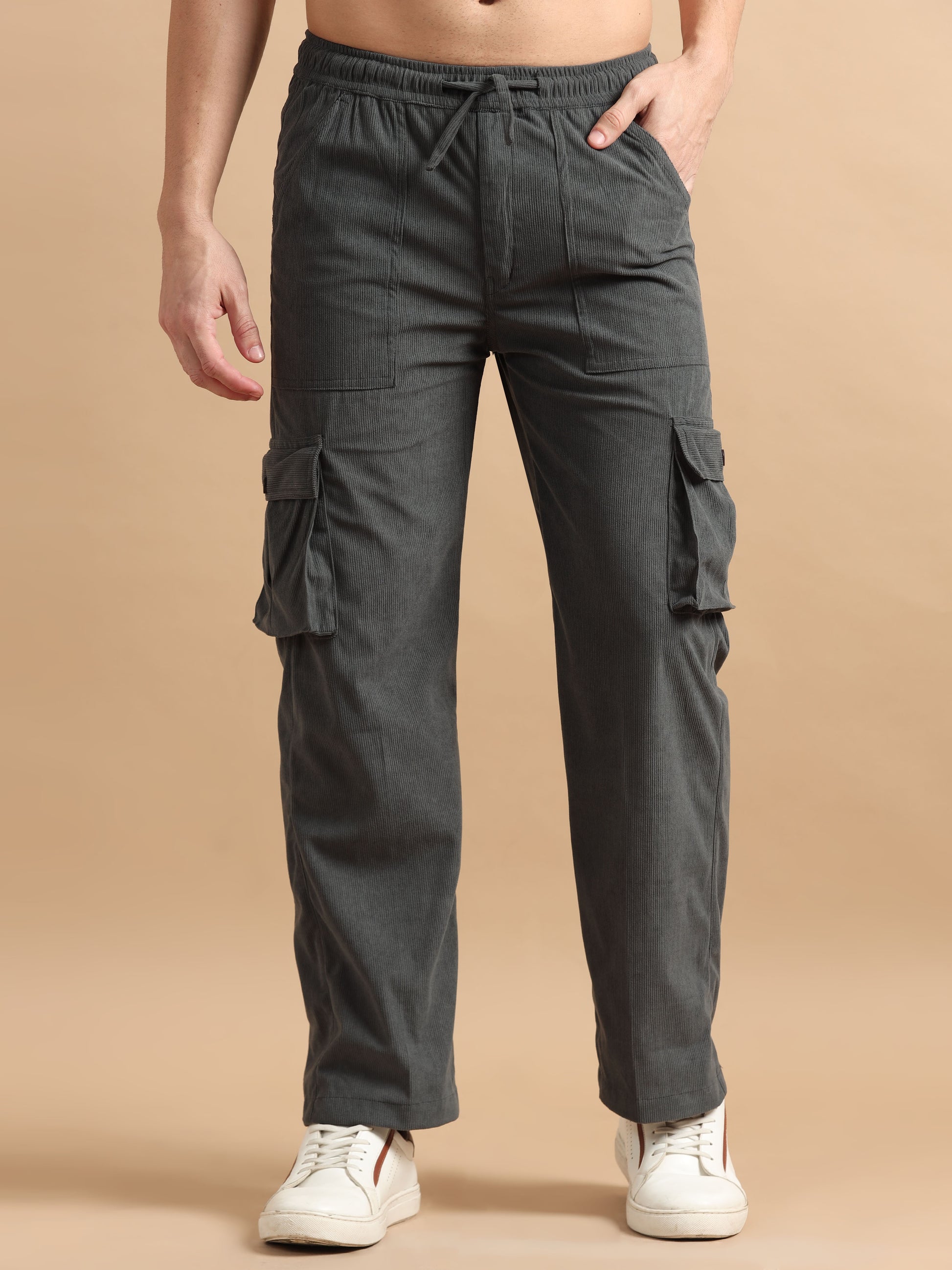 Elastic Waist Grey Cargo Pants Mens