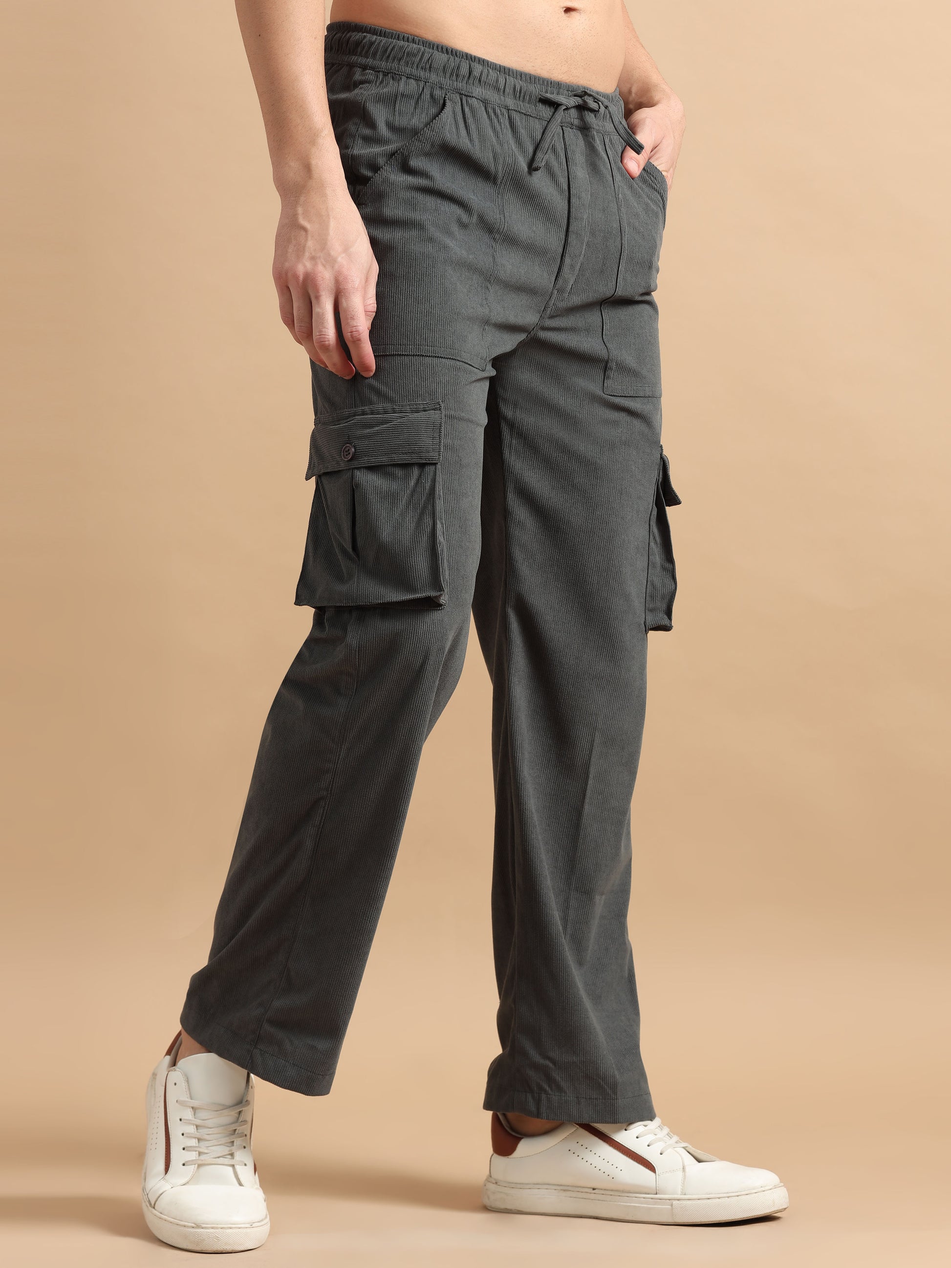 Elastic Waist Grey Cargo Pants Mens