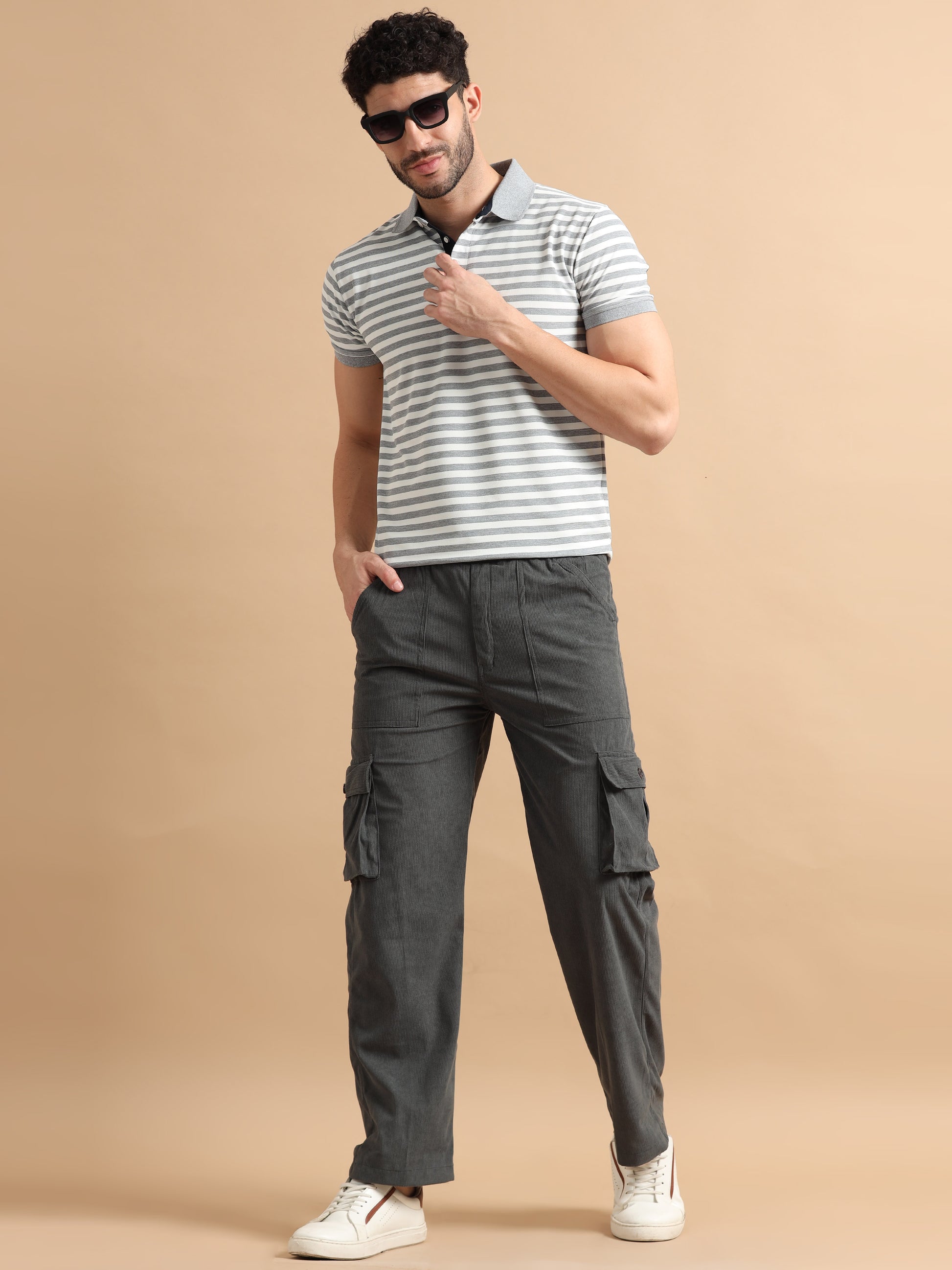 Elastic Waist Grey Cargo Pants Mens
