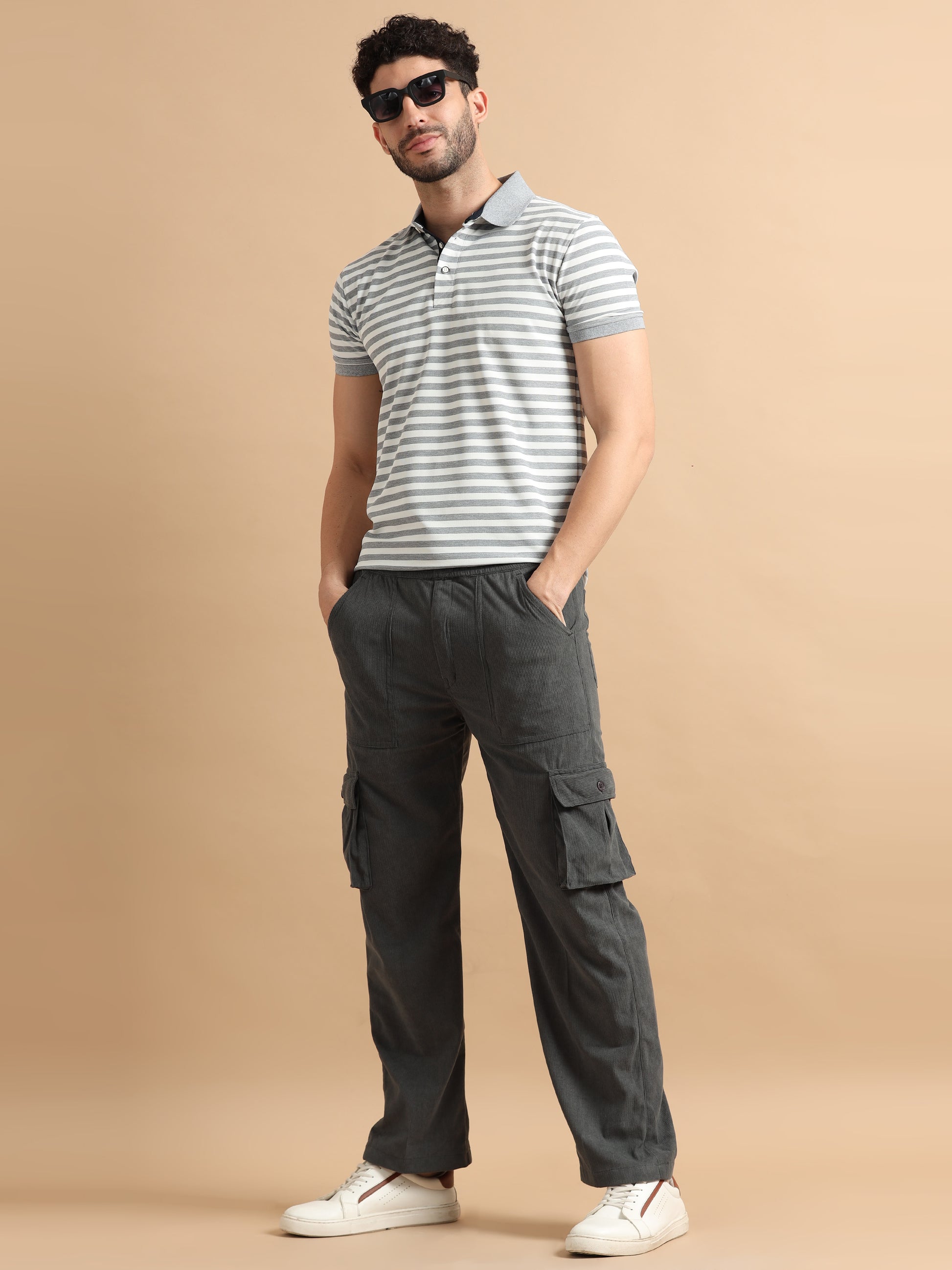 Elastic Waist Grey Cargo Pants Mens