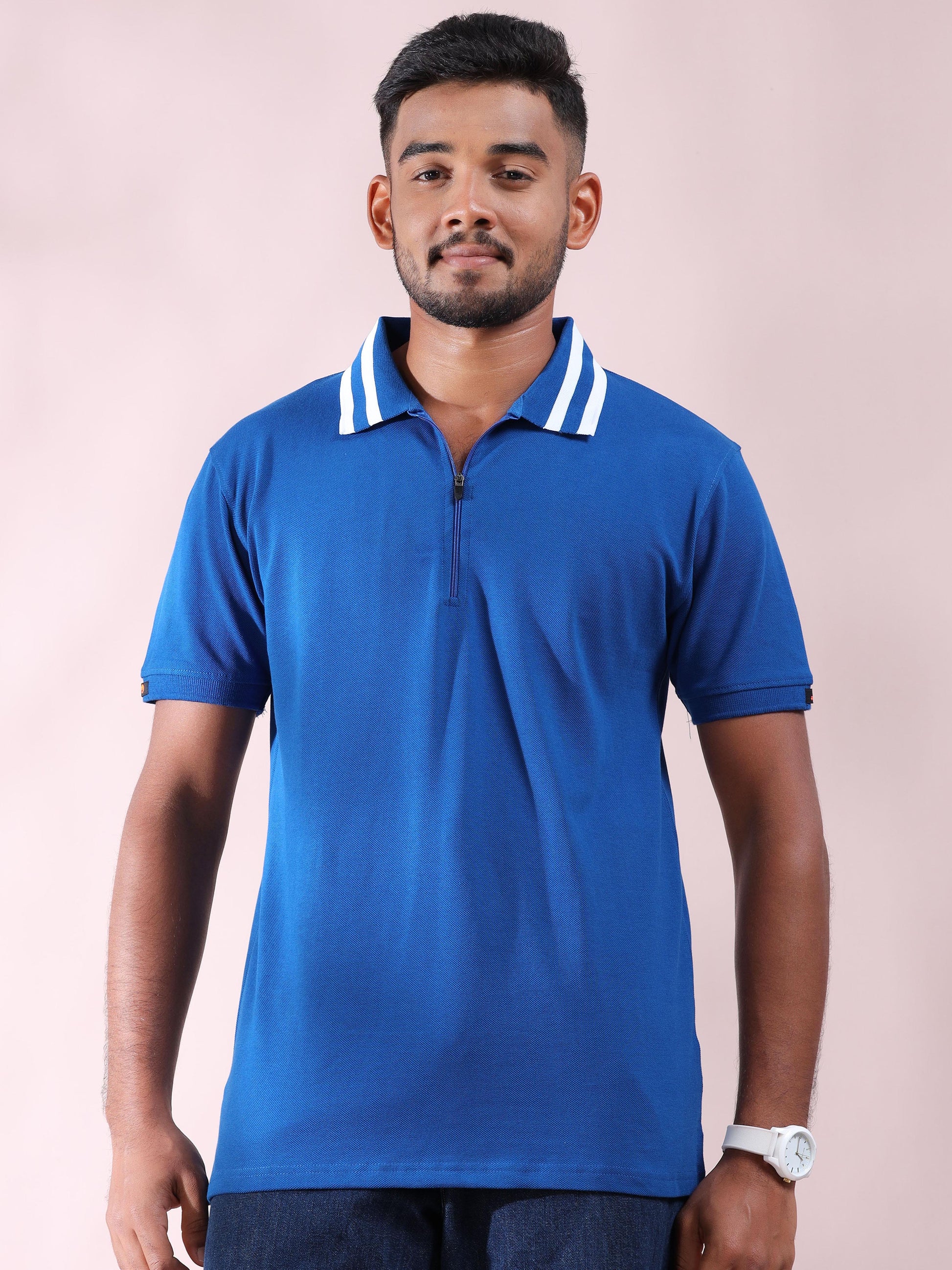 White Striped Collar Blue Pure Cotton Polo T Shirt Mens