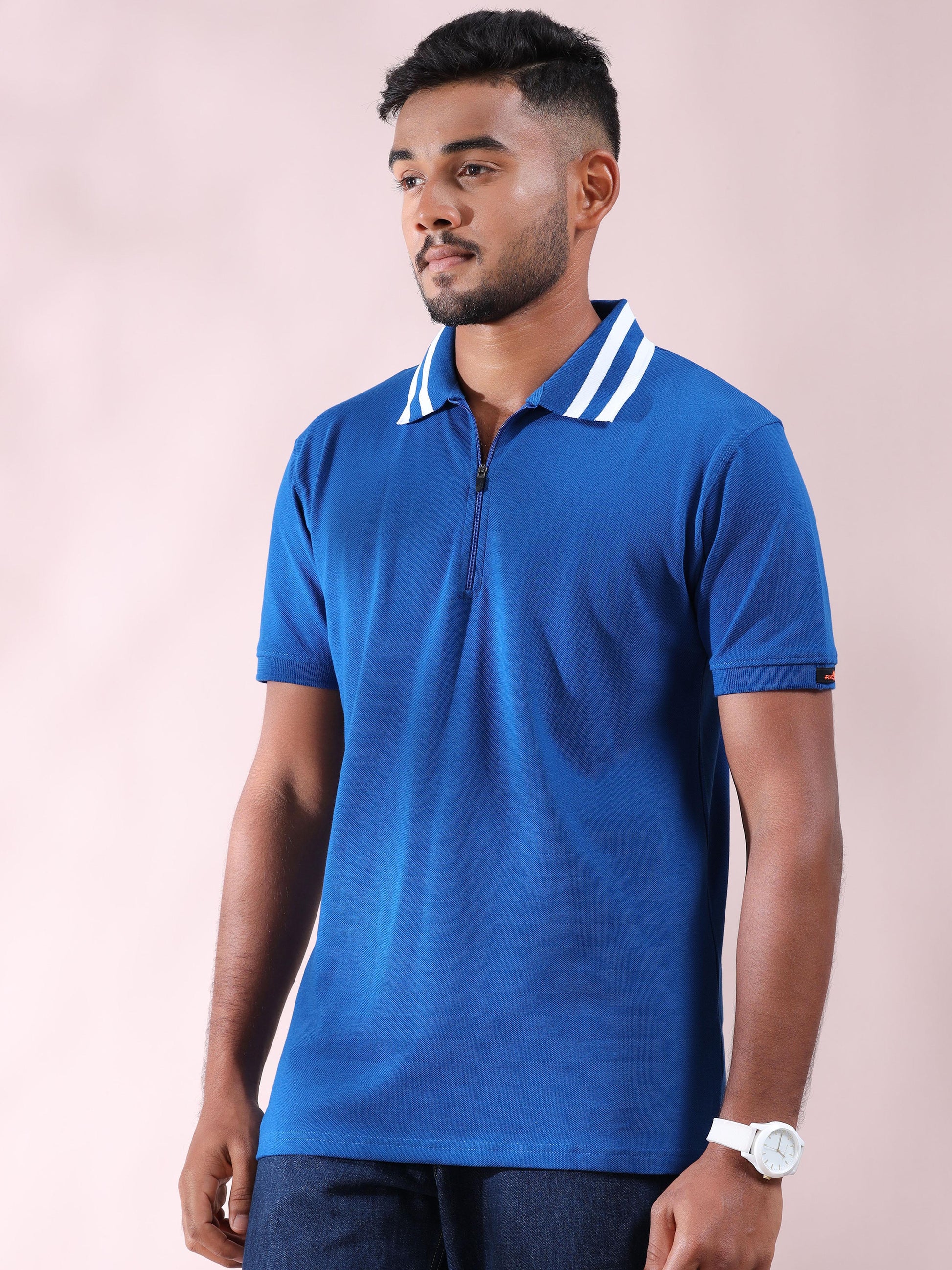 White Striped Collar Blue Pure Cotton Polo T Shirt Mens