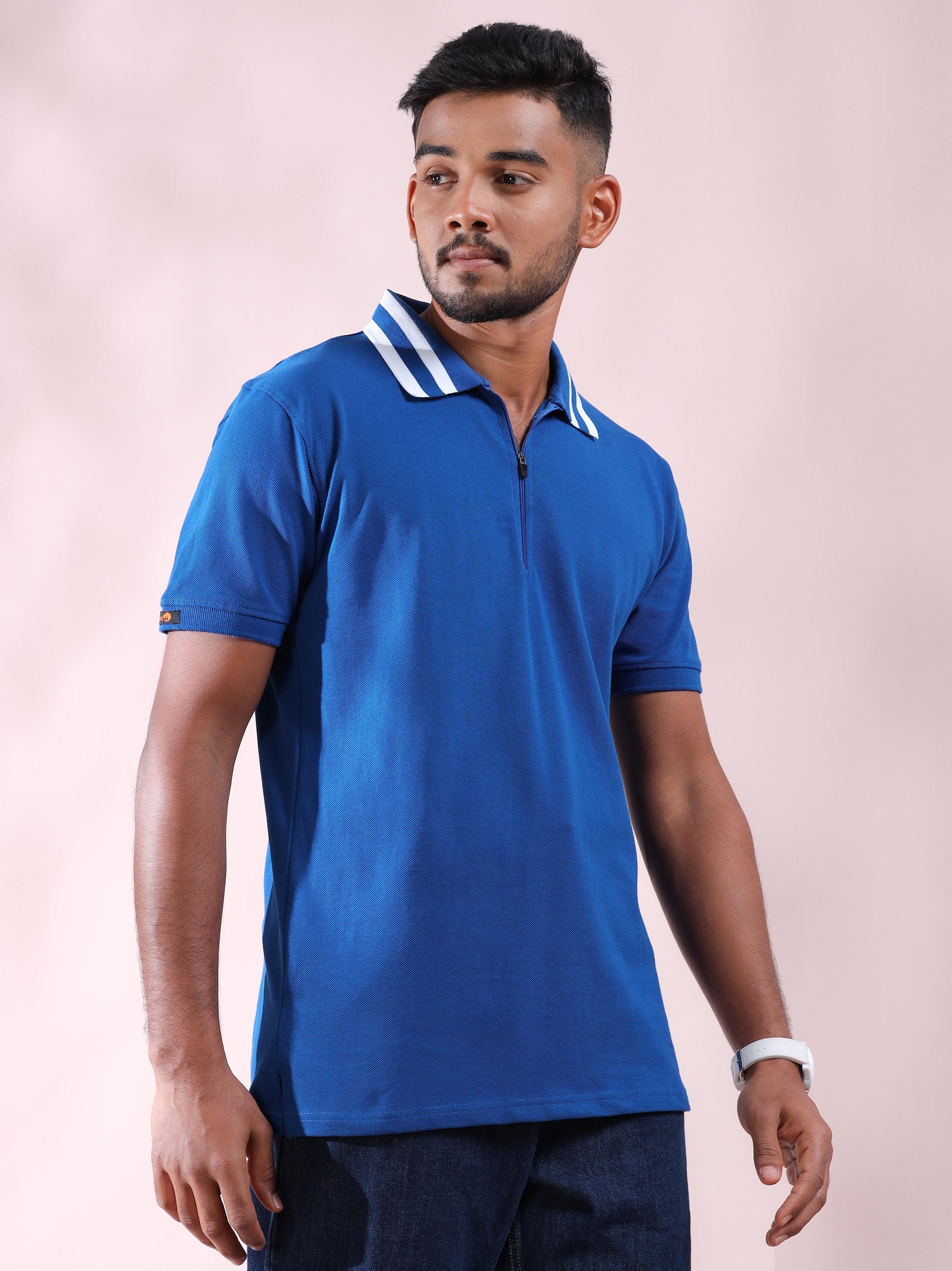 White Striped Collar Blue Pure Cotton Polo T Shirt Mens