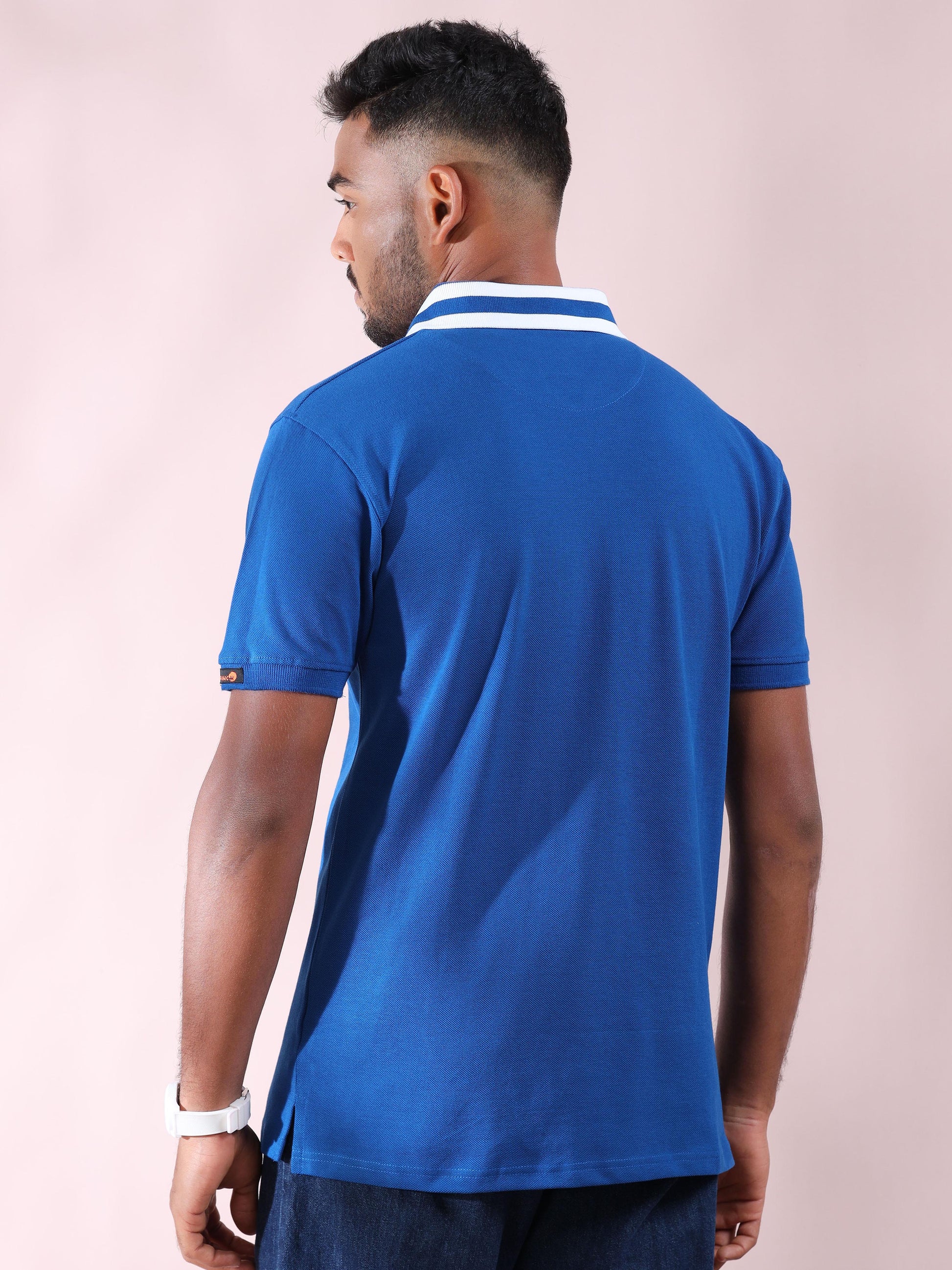 White Striped Collar Blue Pure Cotton Polo T Shirt Mens