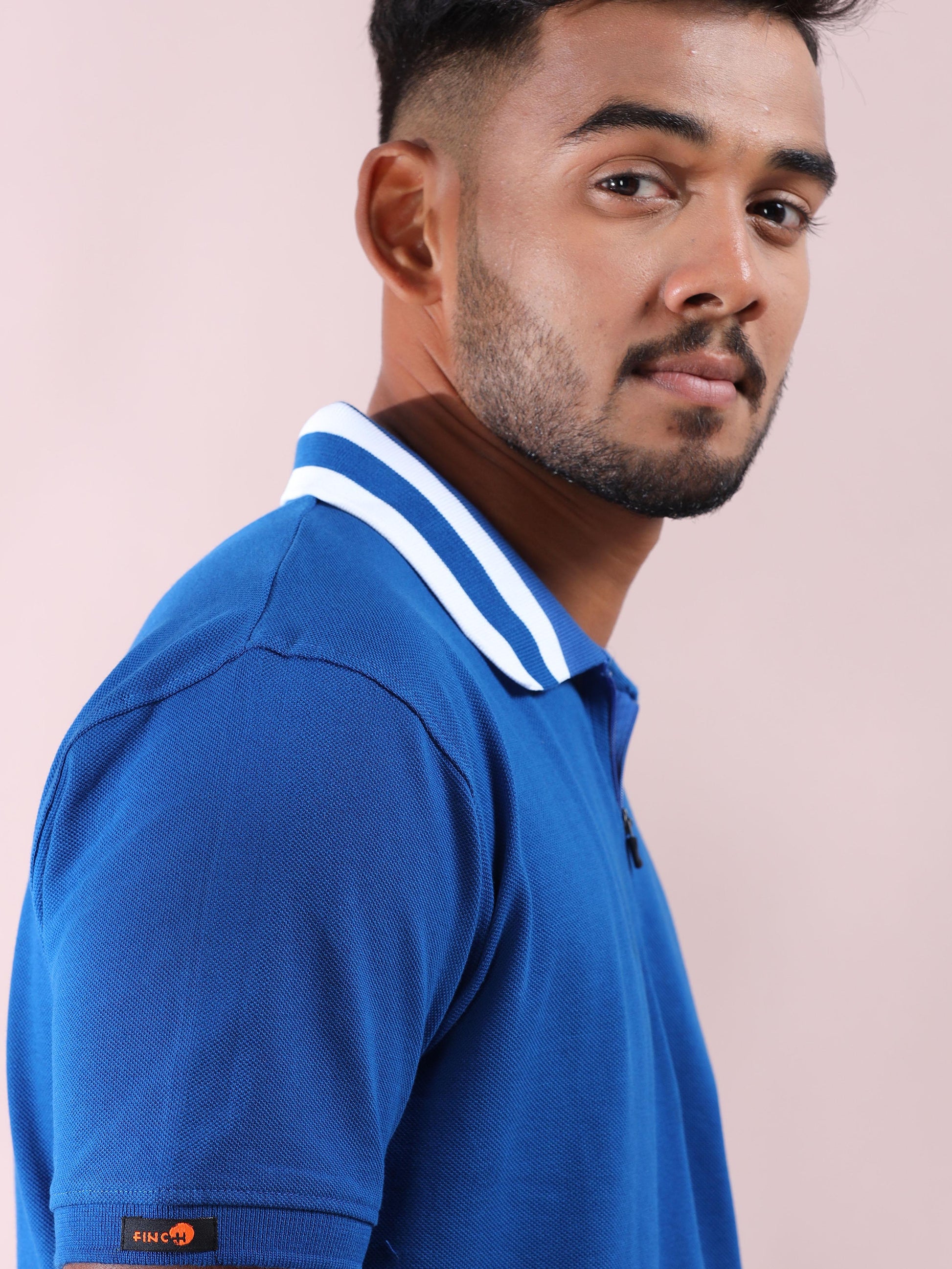 White Striped Collar Blue Pure Cotton Polo T Shirt Mens