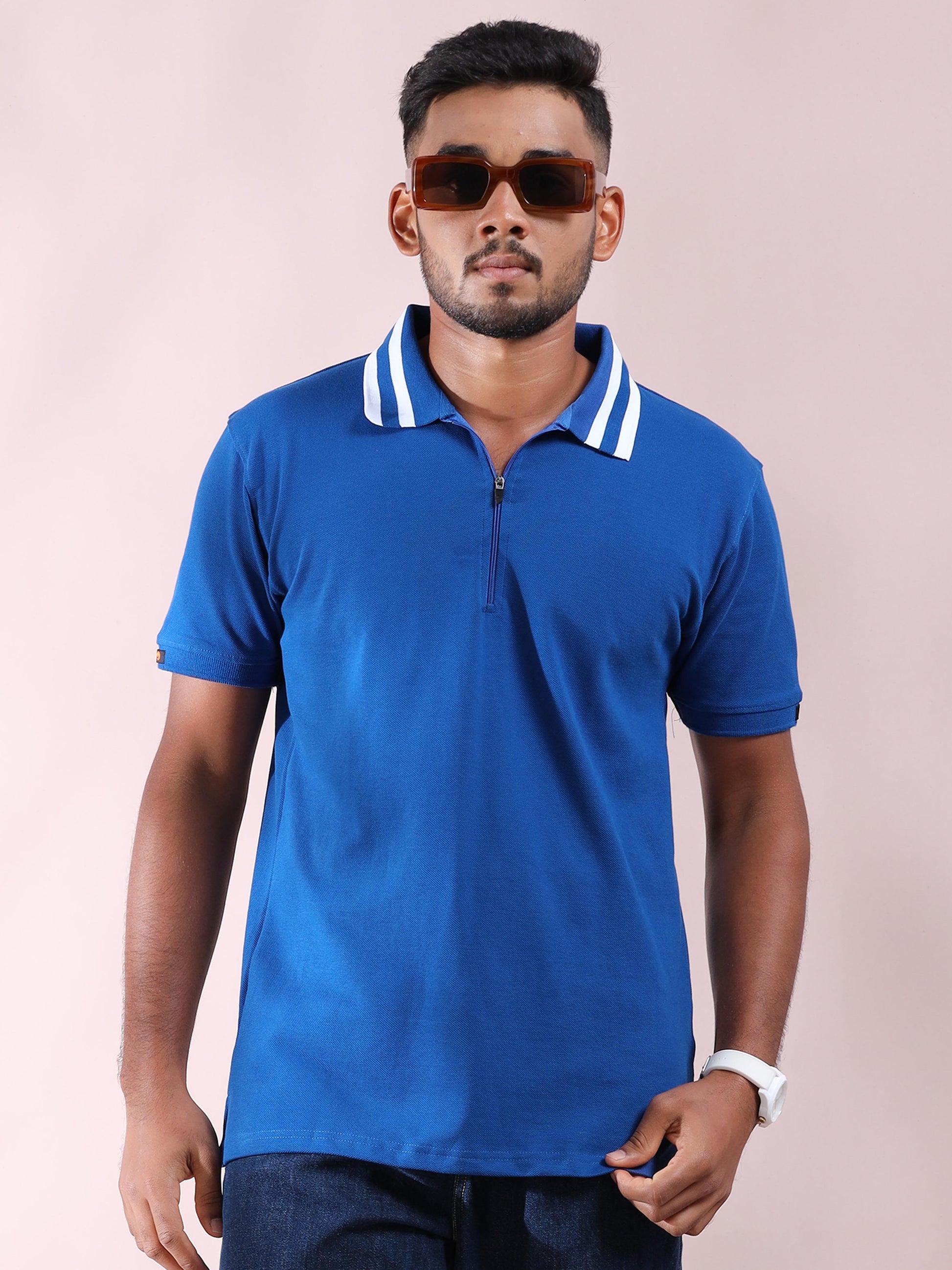 White Striped Collar Blue Pure Cotton Polo T Shirt Mens