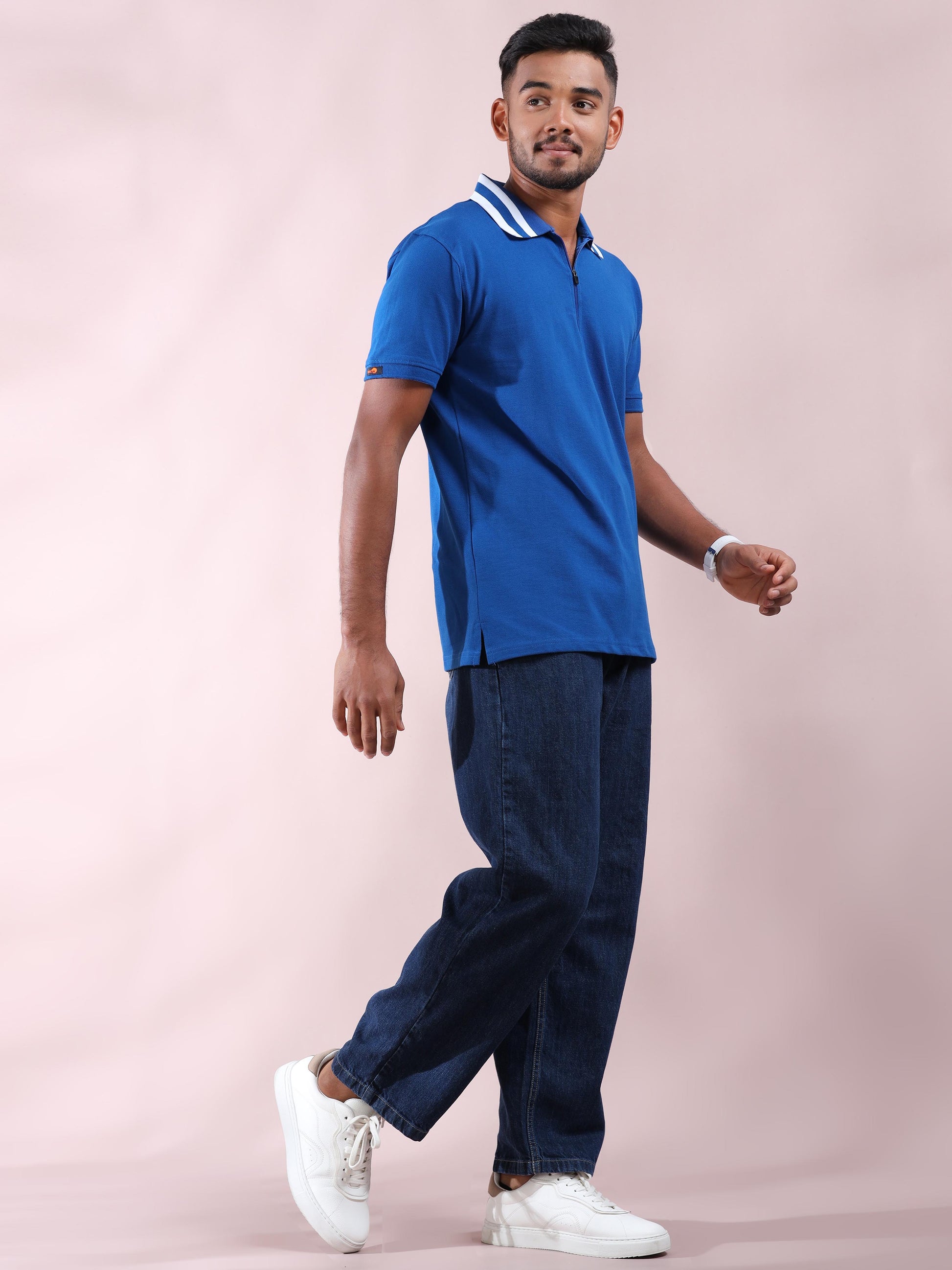 White Striped Collar Blue Pure Cotton Polo T Shirt Mens