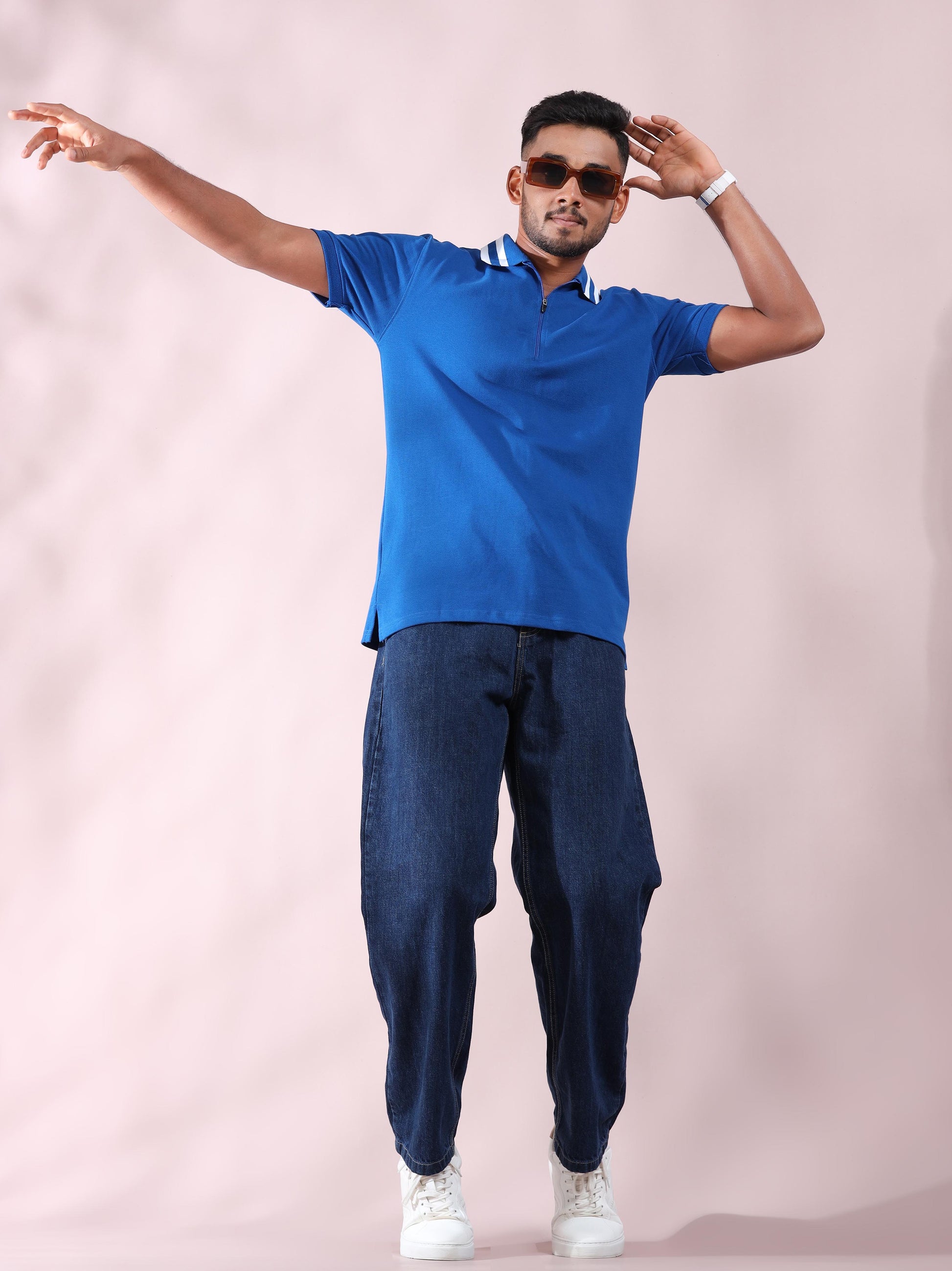 White Striped Collar Blue Pure Cotton Polo T Shirt Mens