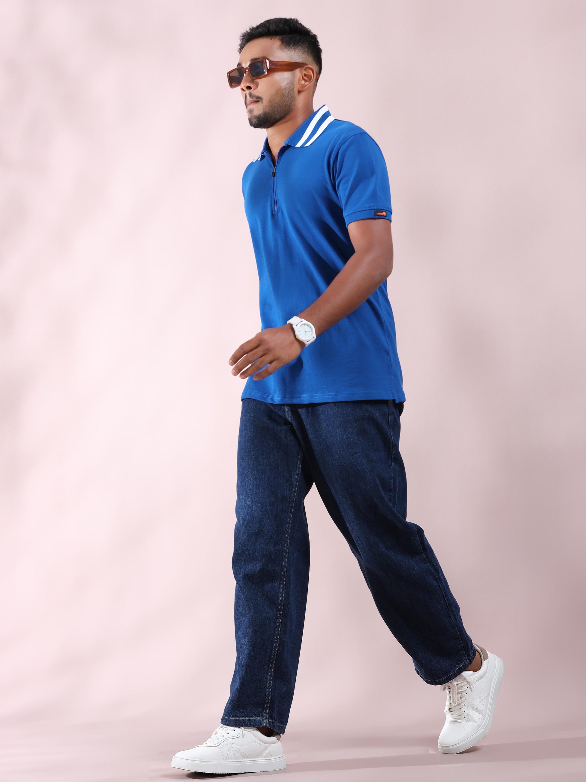 White Striped Collar Blue Pure Cotton Polo T Shirt Mens