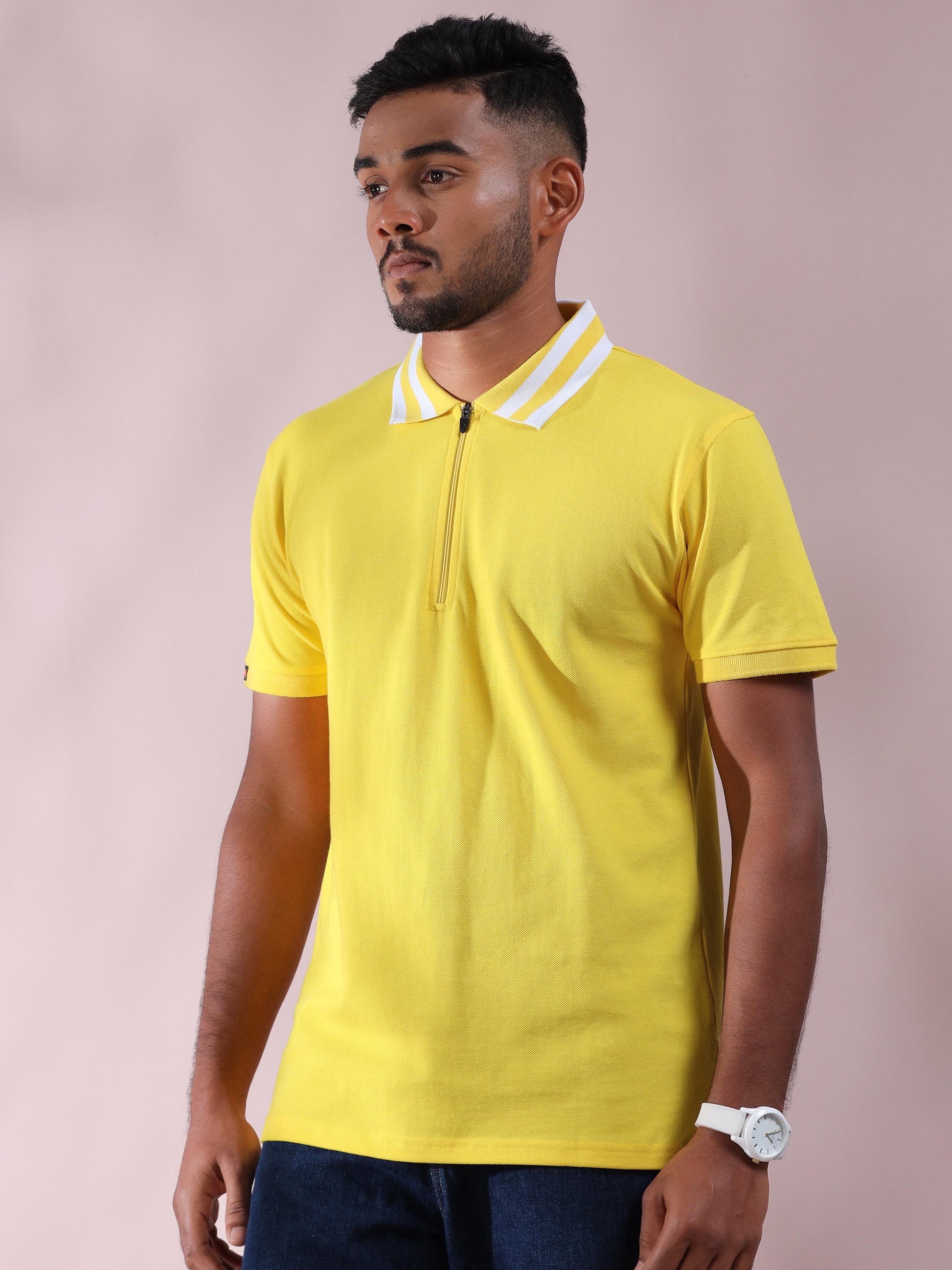 White Striped Collar Yellow Polo T Shirt For Men