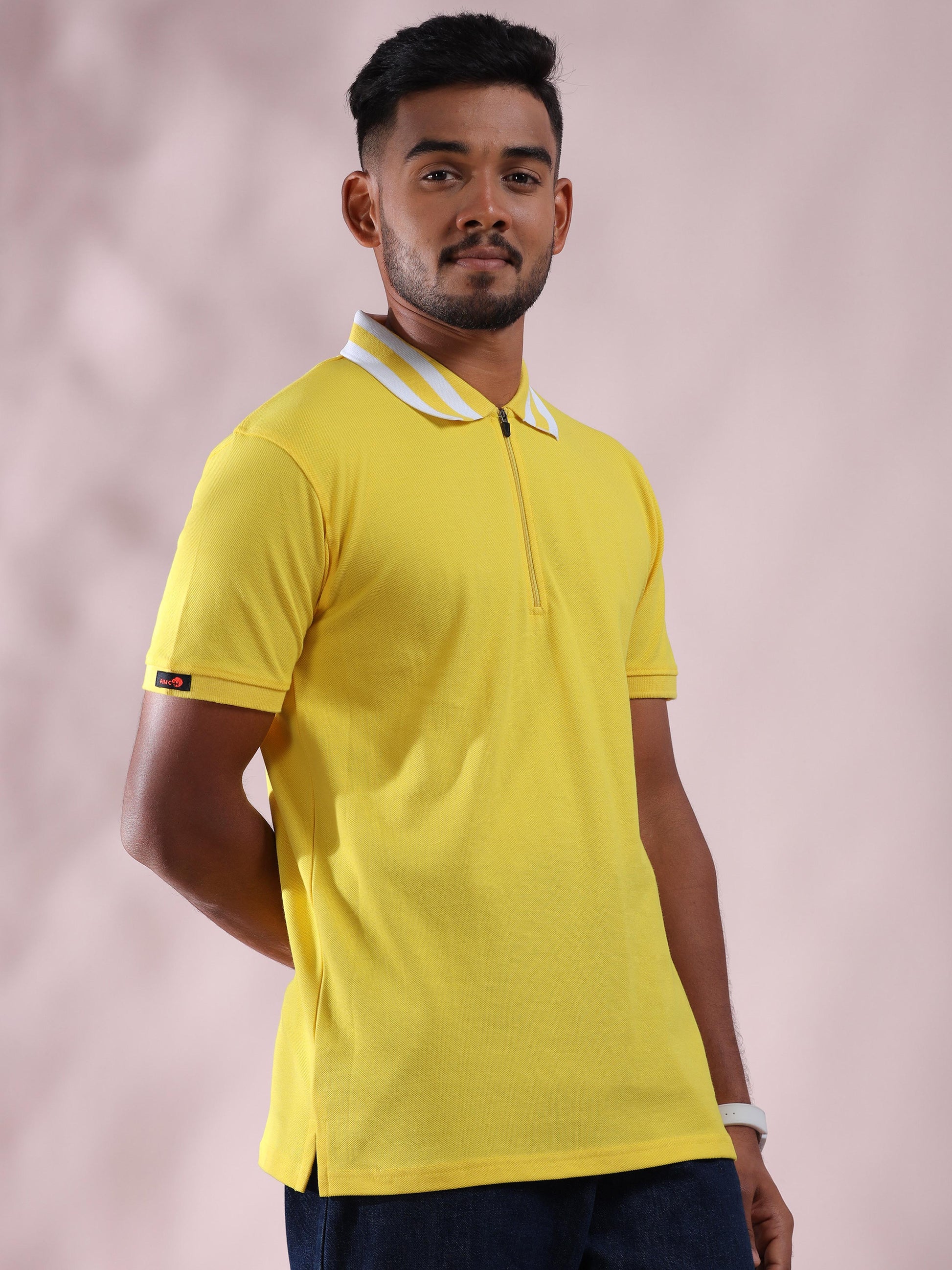 White Striped Collar Yellow Polo T Shirt For Men