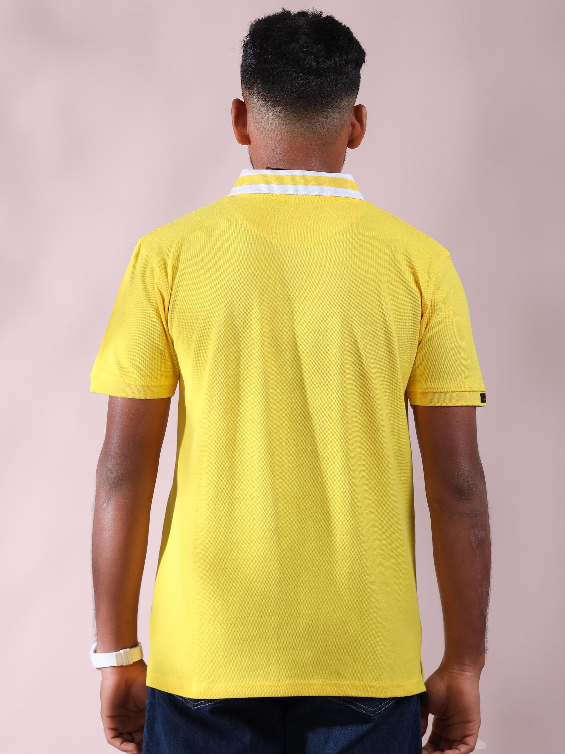 White Striped Collar Yellow Polo T Shirt For Men