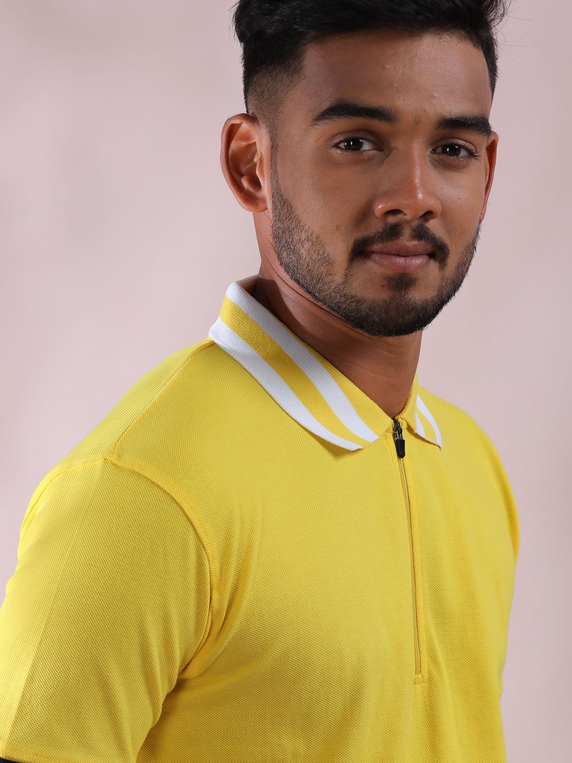 White Striped Collar Yellow Polo T Shirt For Men