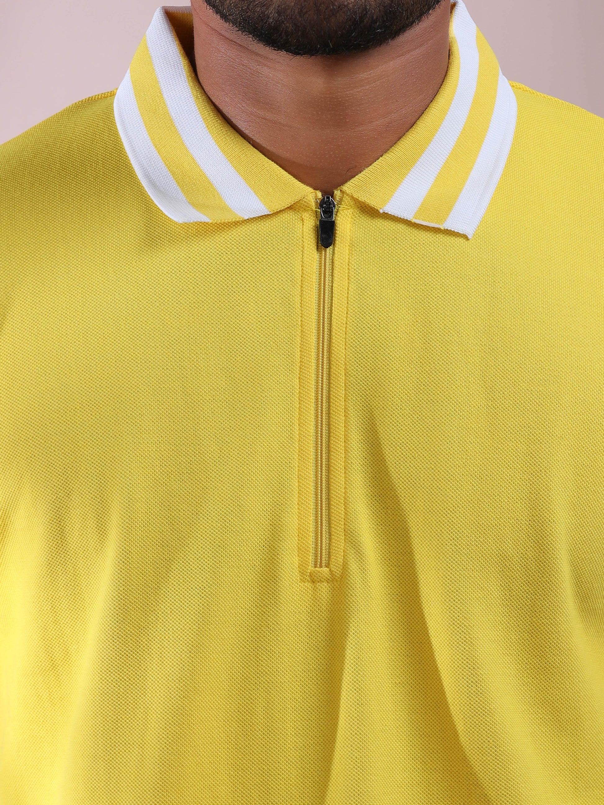 White Striped Collar Yellow Polo T Shirt For Men
