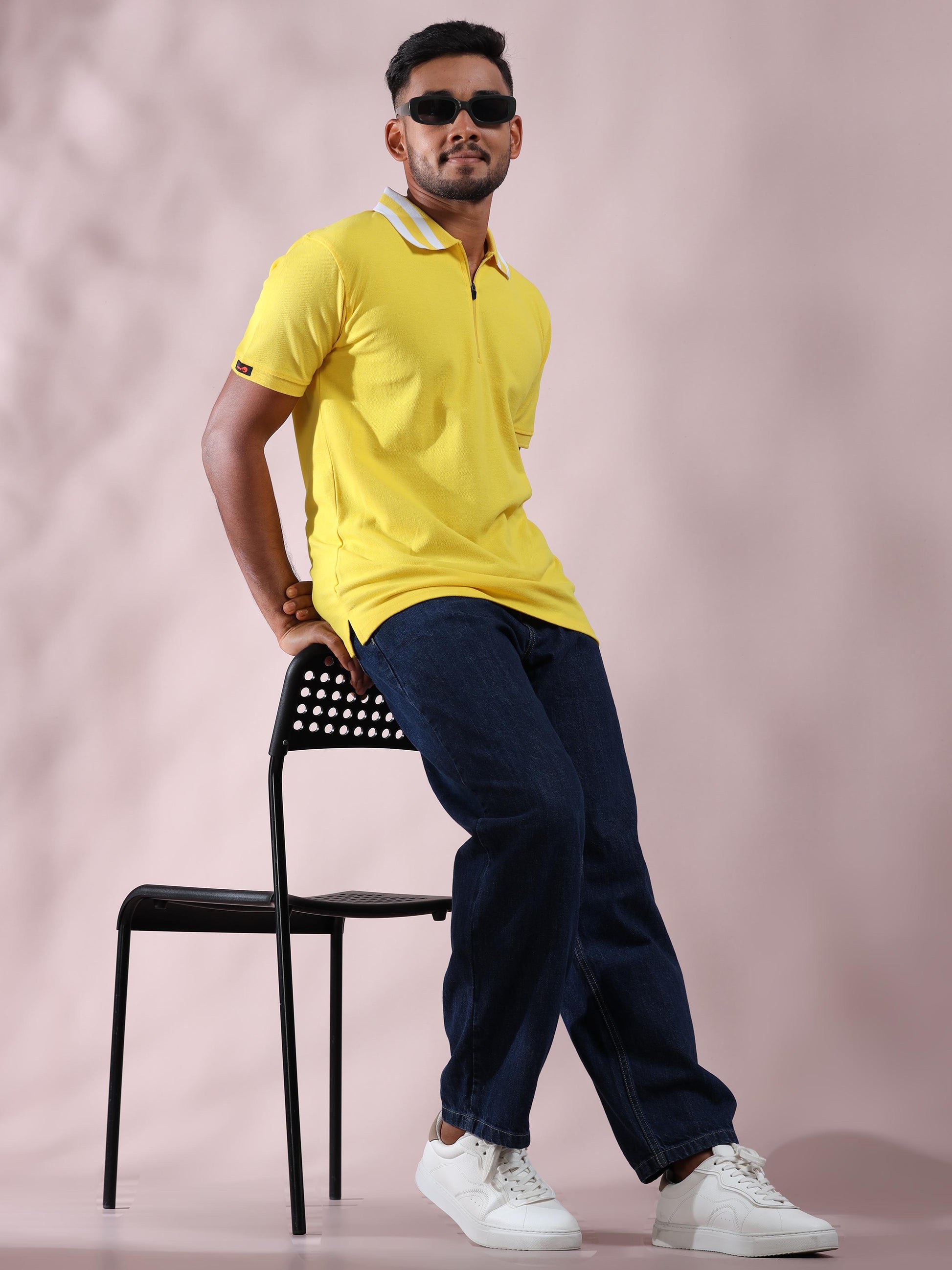 White Striped Collar Yellow Polo T Shirt For Men