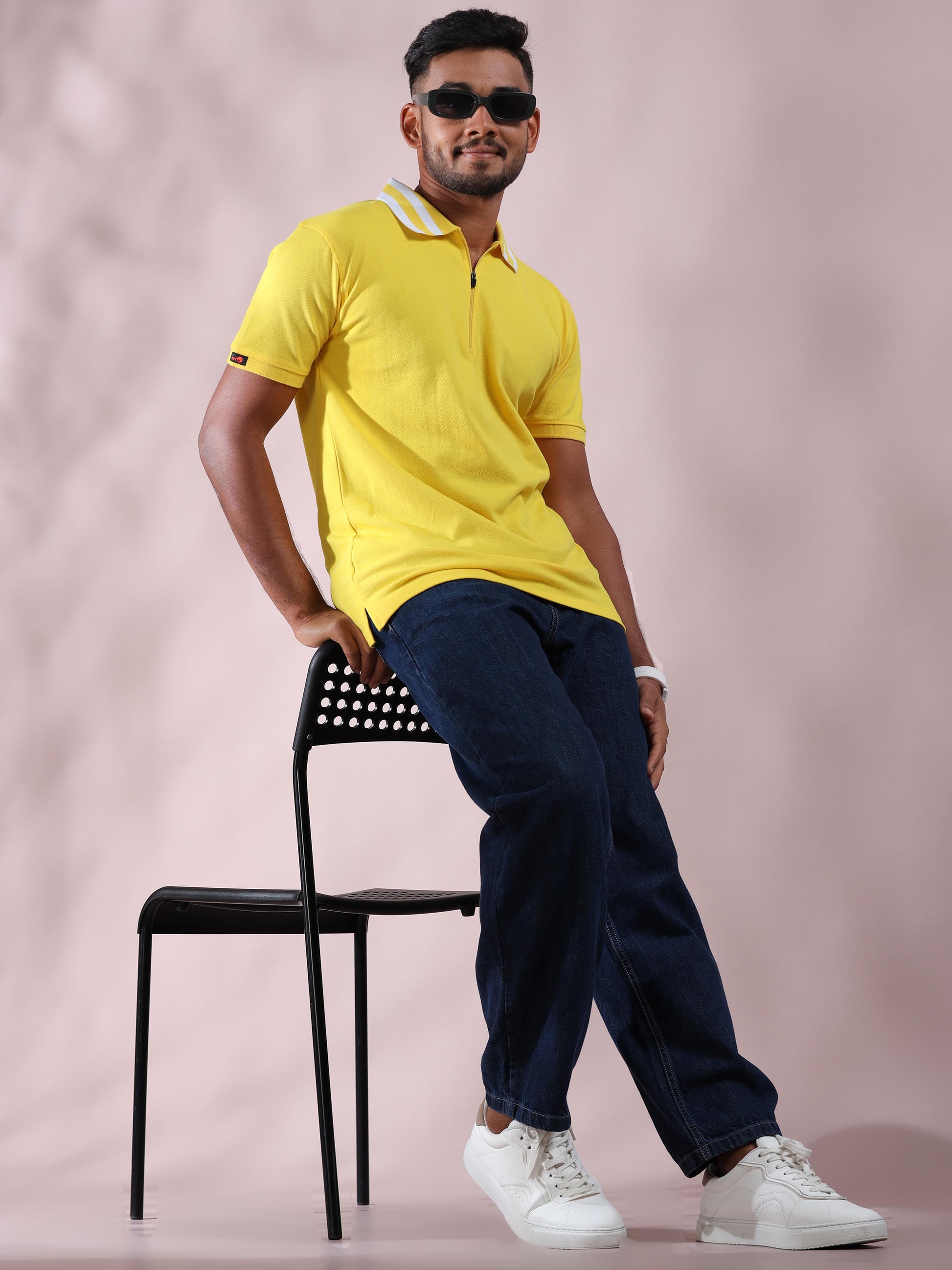 White Striped Collar Yellow Polo T Shirt For Men