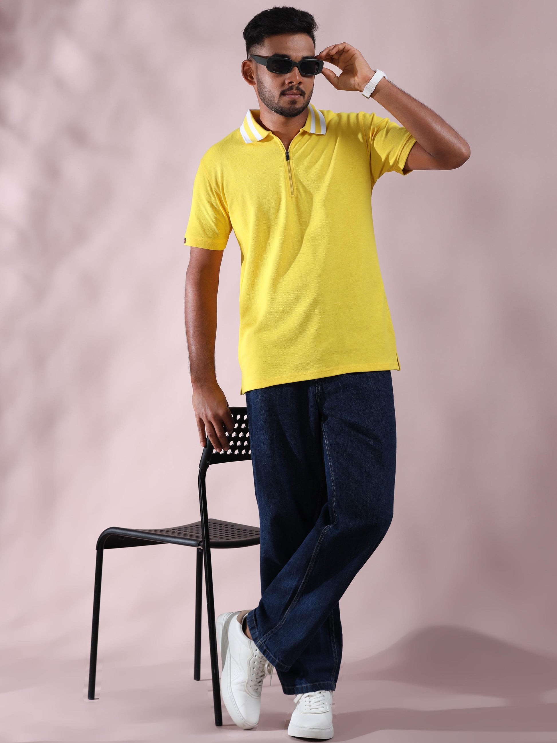 White Striped Collar Yellow Polo T Shirt For Men