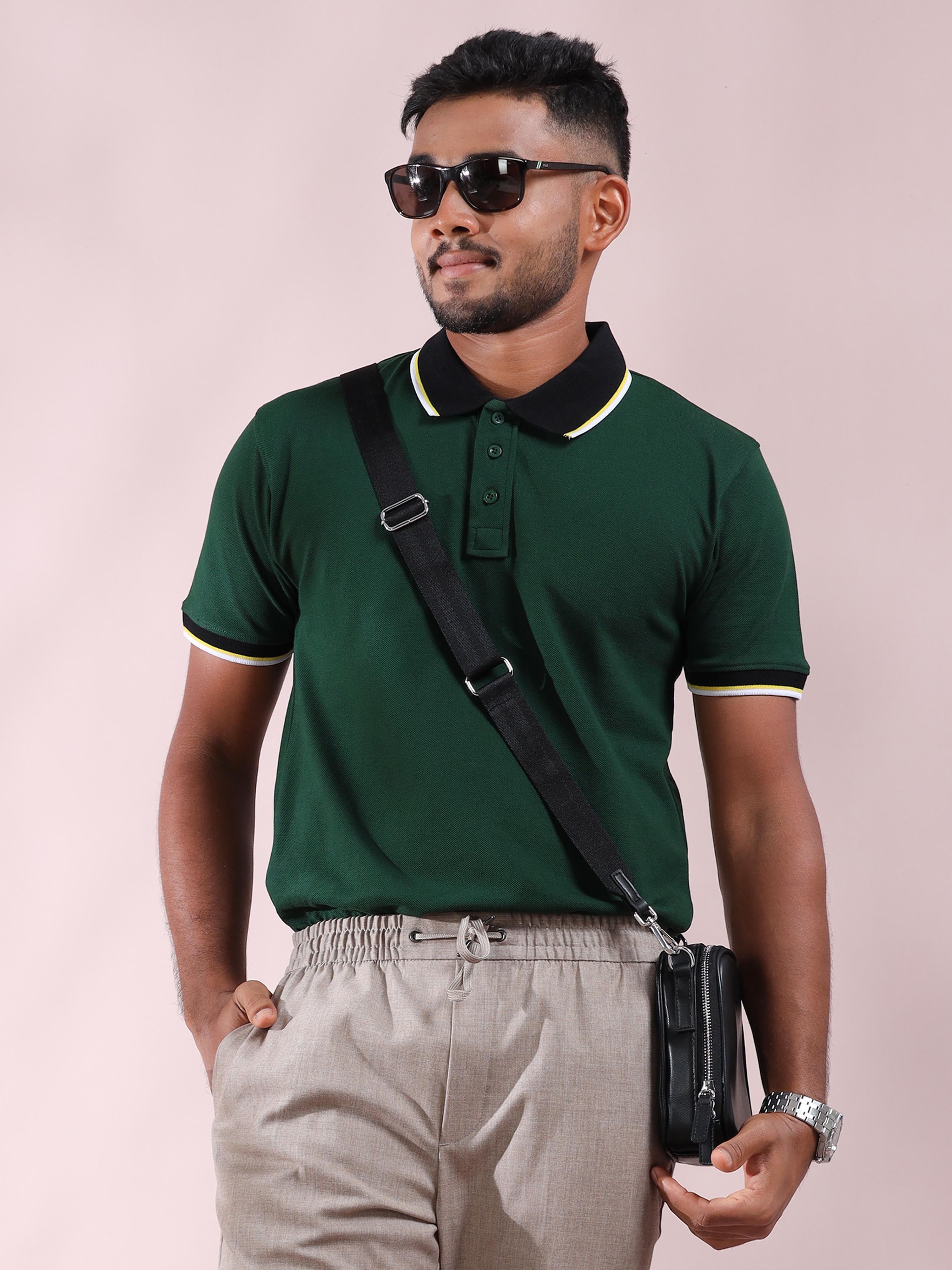 White &Yellow Tipping Collar Pure Cotton Green Polo T Shirt for Men