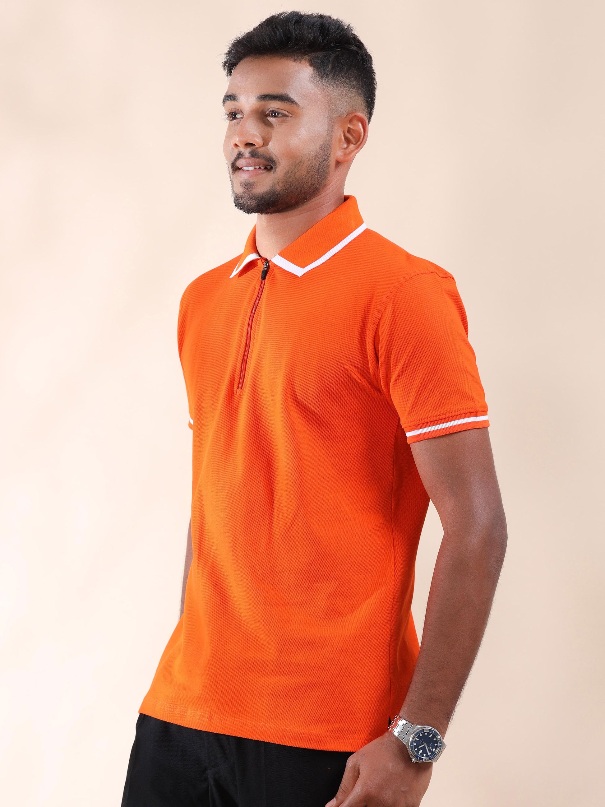 White Tipping Collar Halloween Orange Polo T Shirt for Men