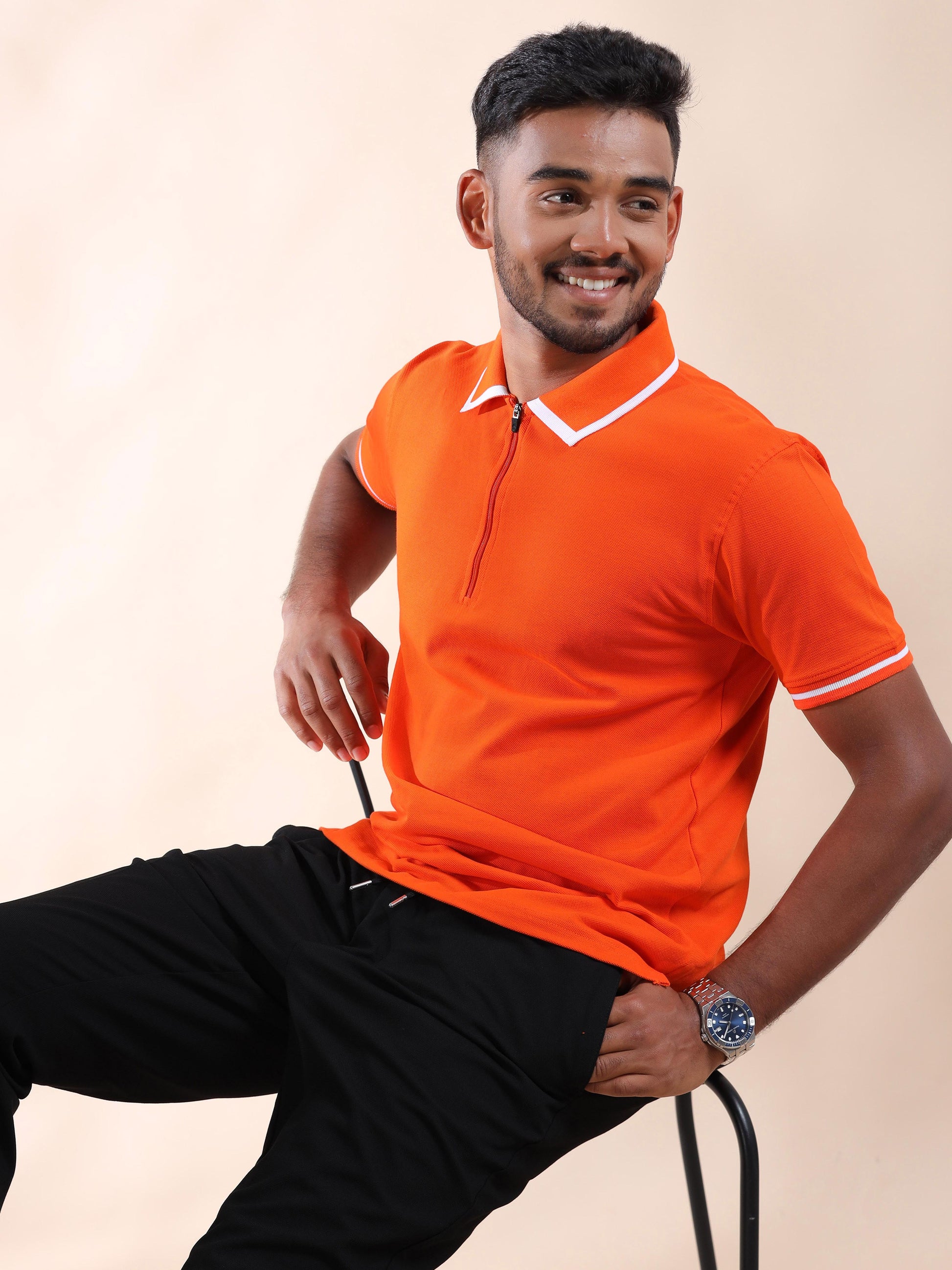 White Tipping Collar Halloween Orange Polo T Shirt for Men