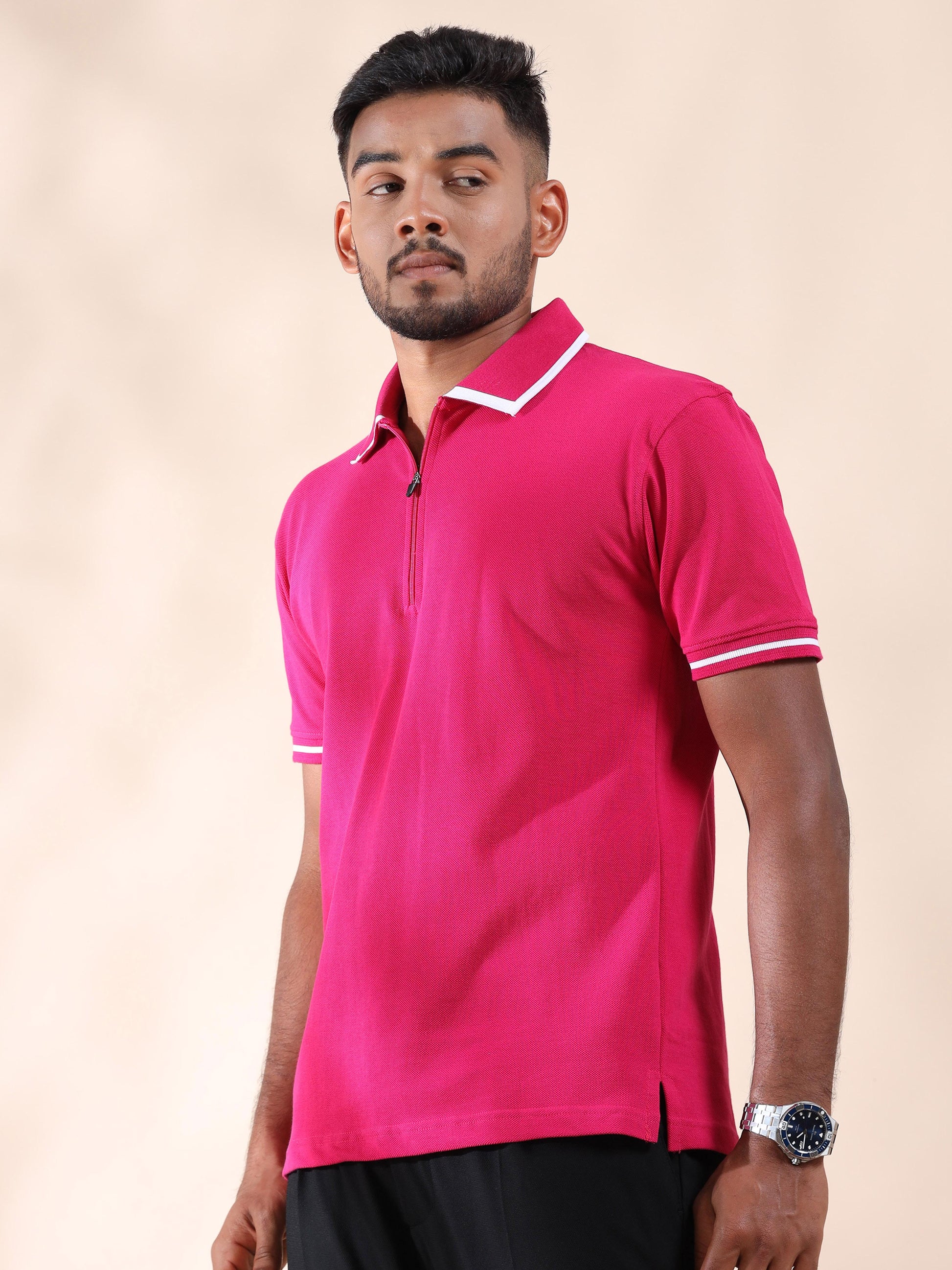 White Tipping Collar Polo Pink Pure Cotton T Shirt for Men