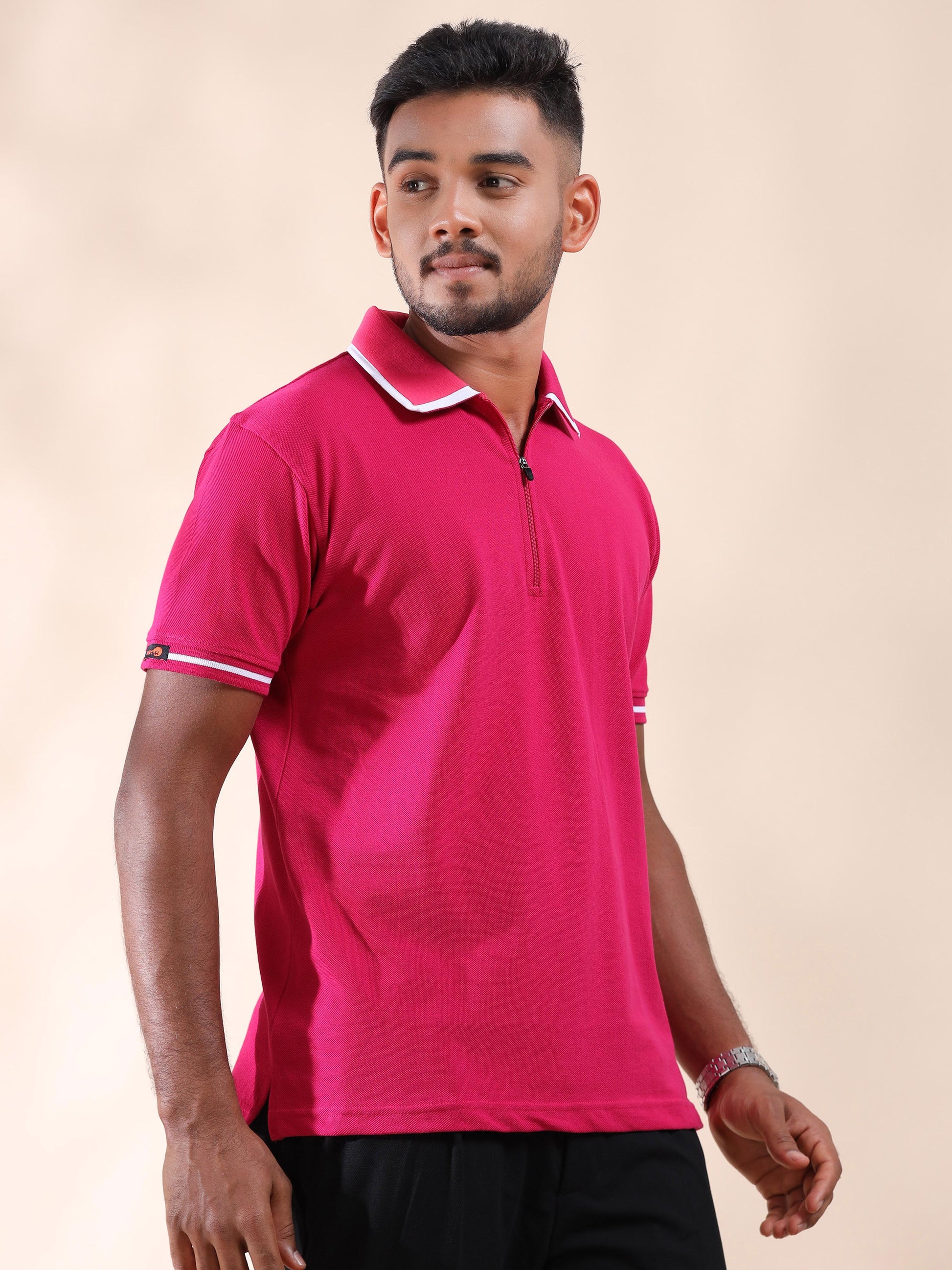 White Tipping Collar Polo Pink Pure Cotton T Shirt for Men