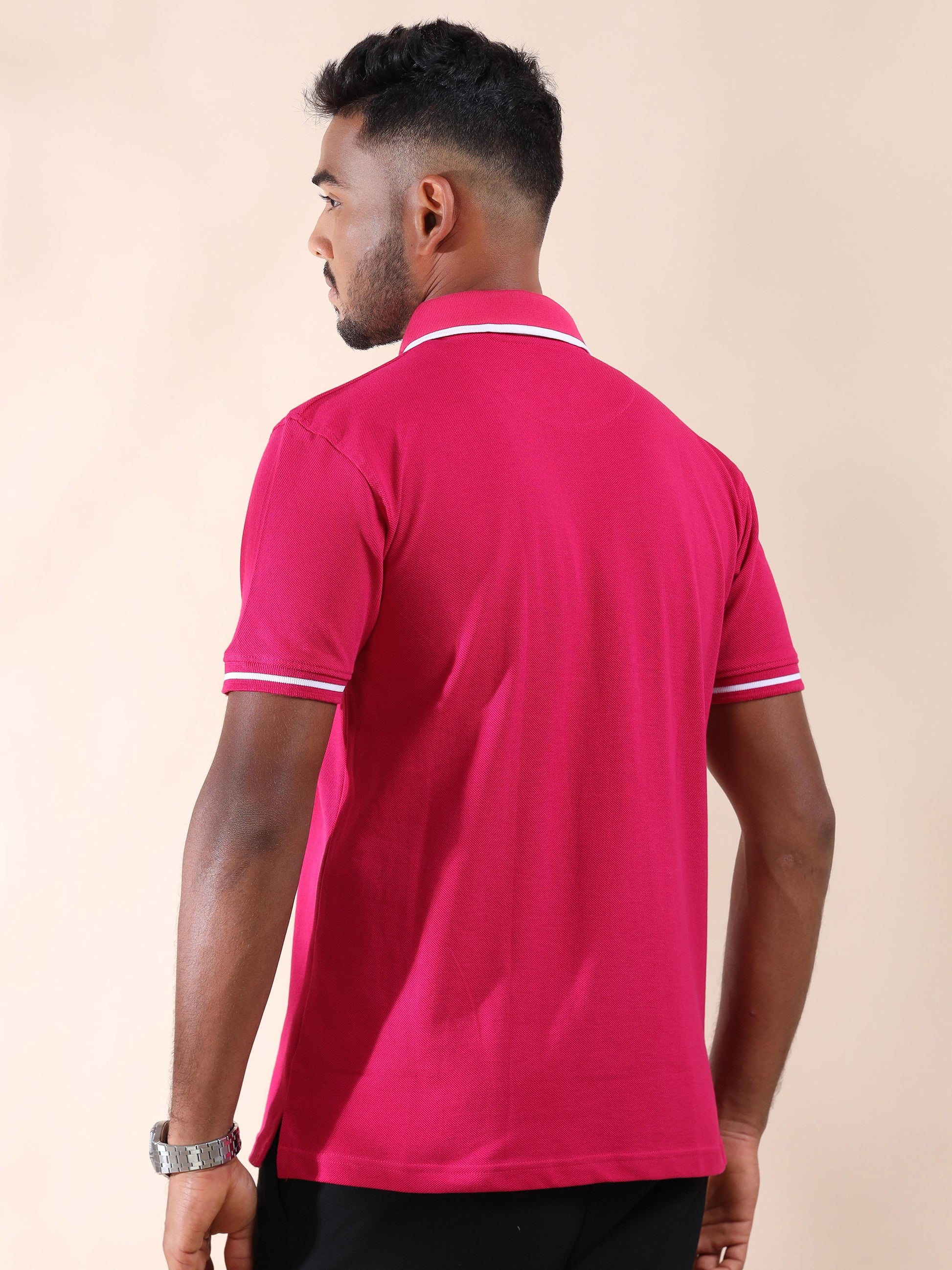 White Tipping Collar Polo Pink Pure Cotton T Shirt for Men