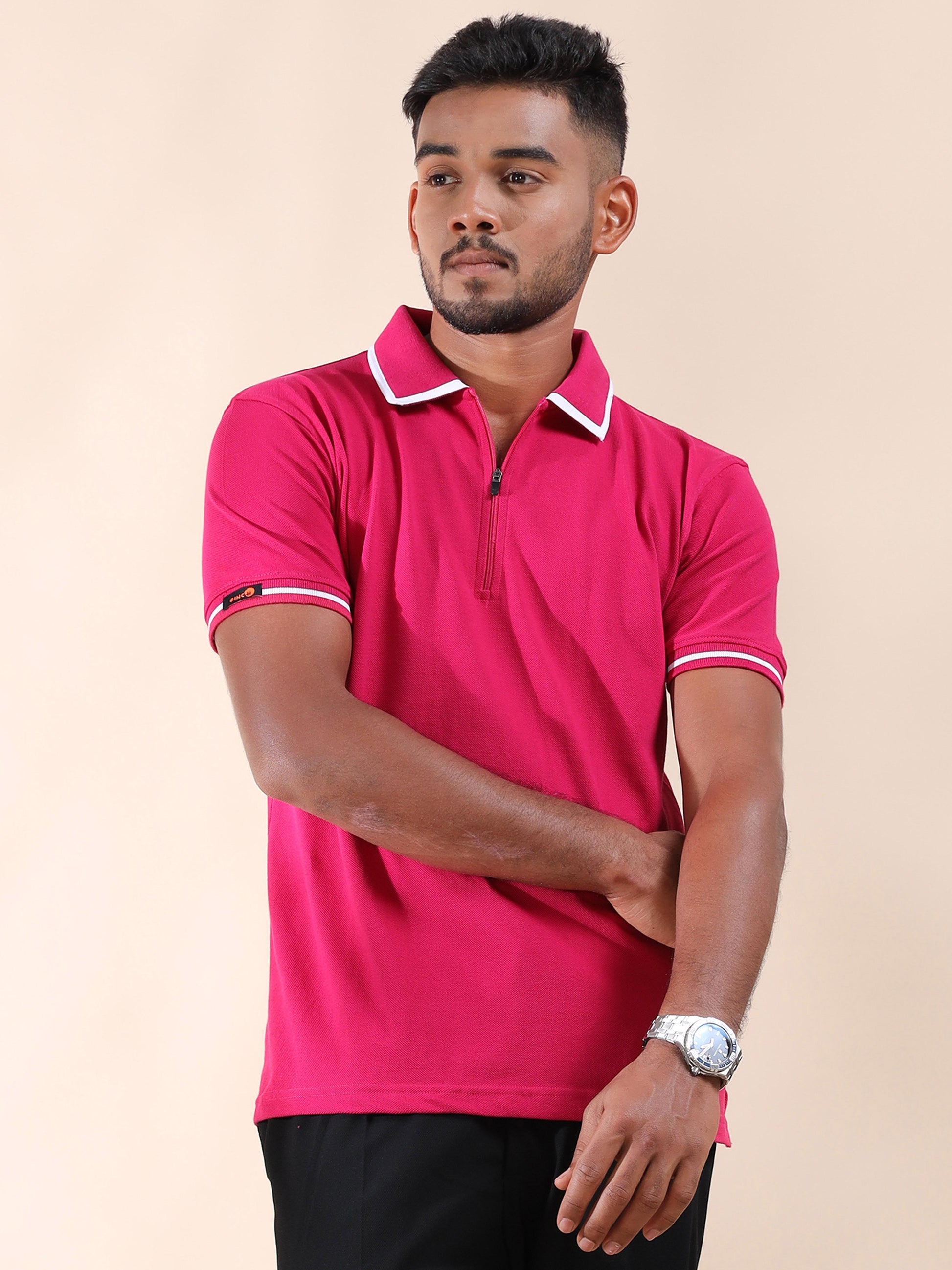 White Tipping Collar Polo Pink Pure Cotton T Shirt for Men