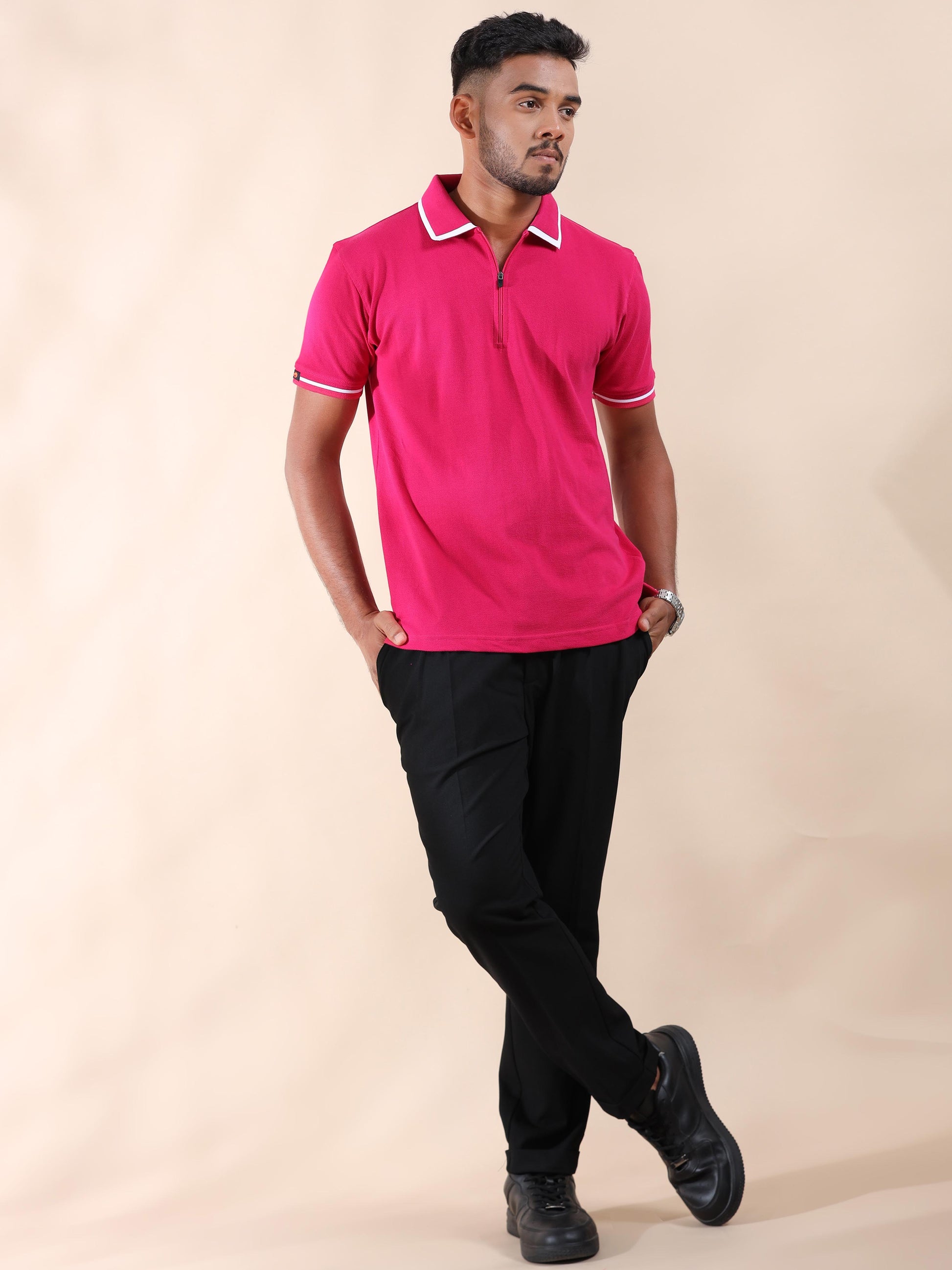 White Tipping Collar Polo Pink Pure Cotton T Shirt for Men