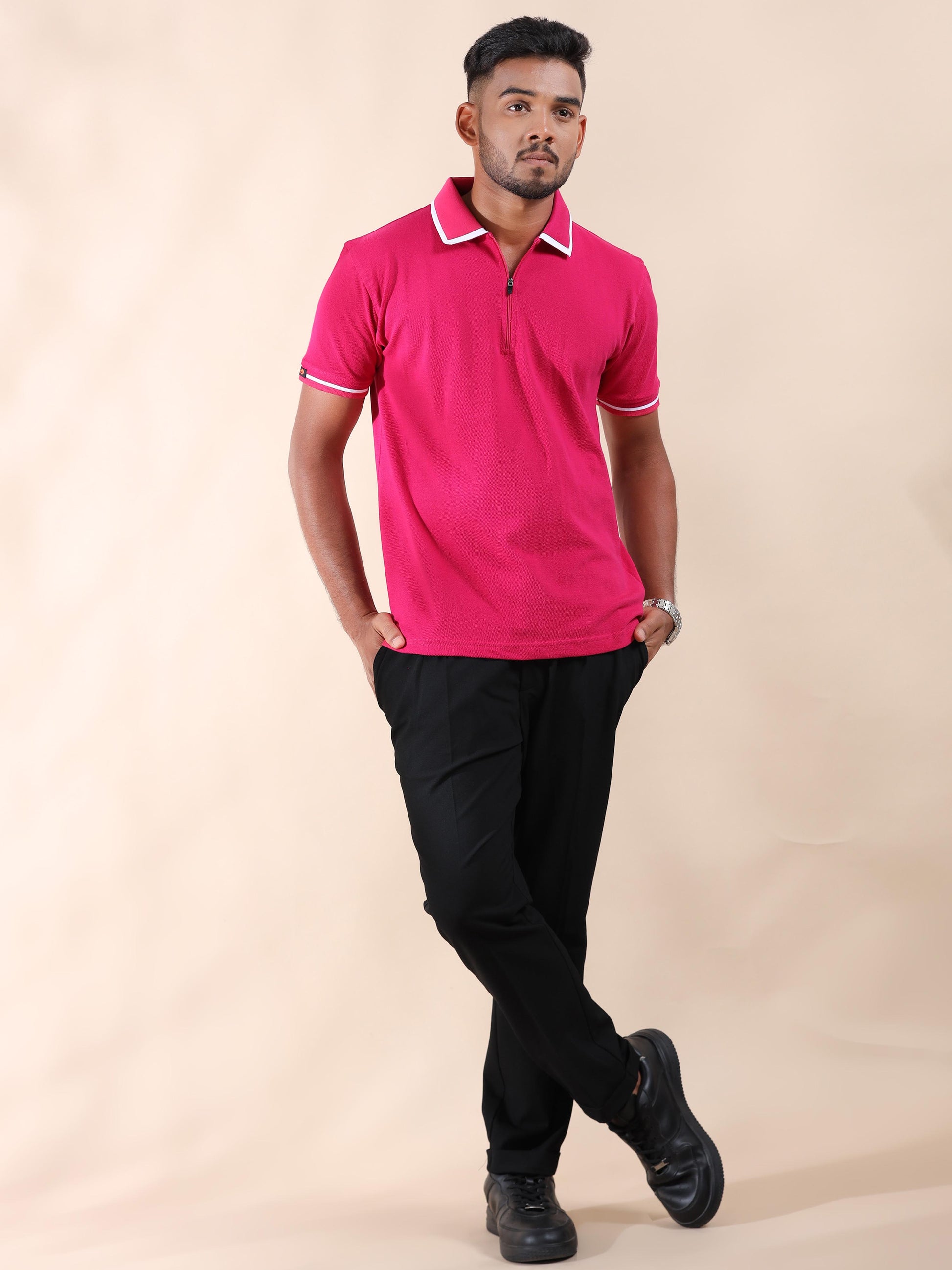 White Tipping Collar Polo Pink Pure Cotton T Shirt for Men
