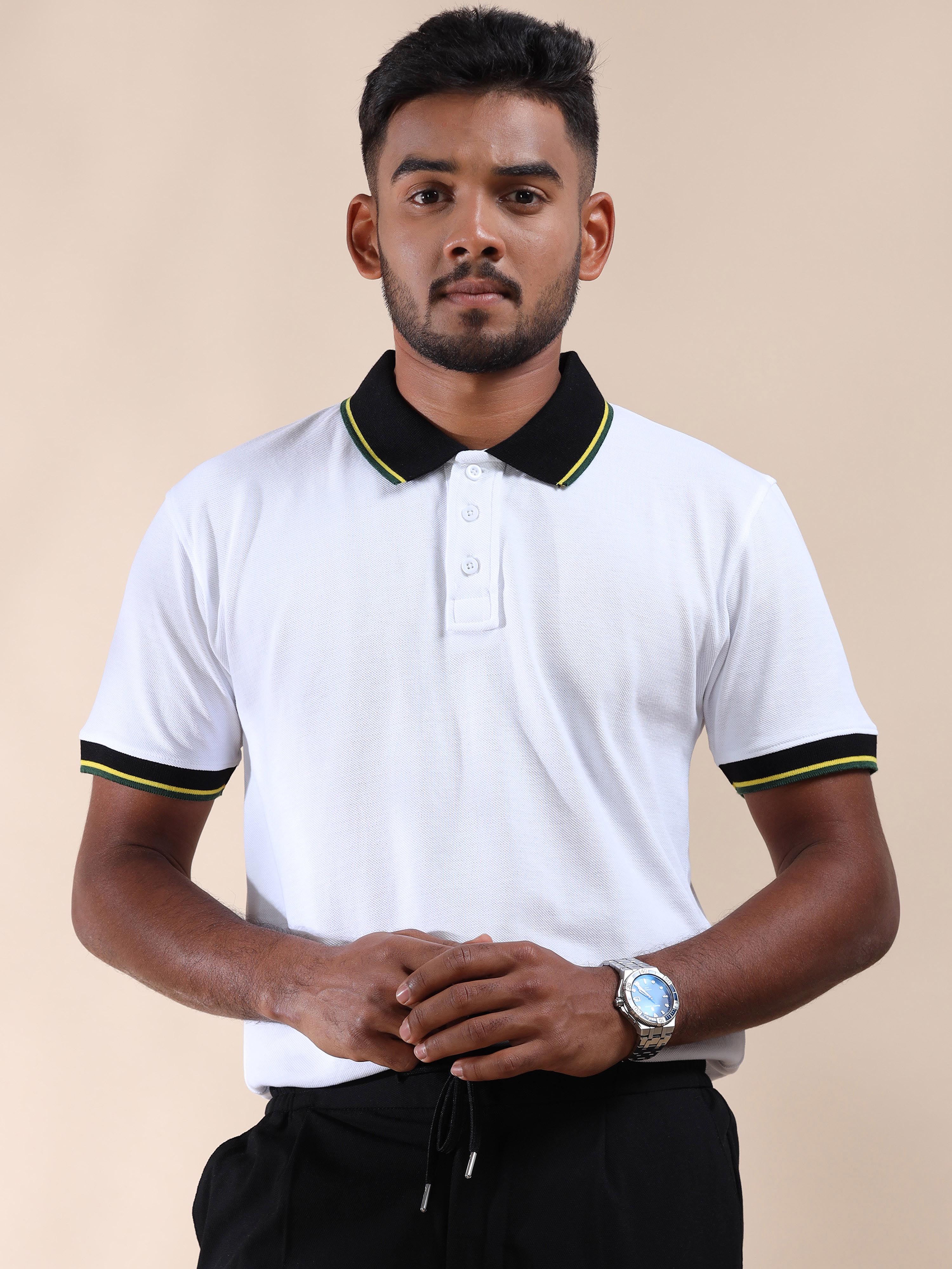 Yellow & Green Tipping Collar White Cotton Polo T Shirt for men