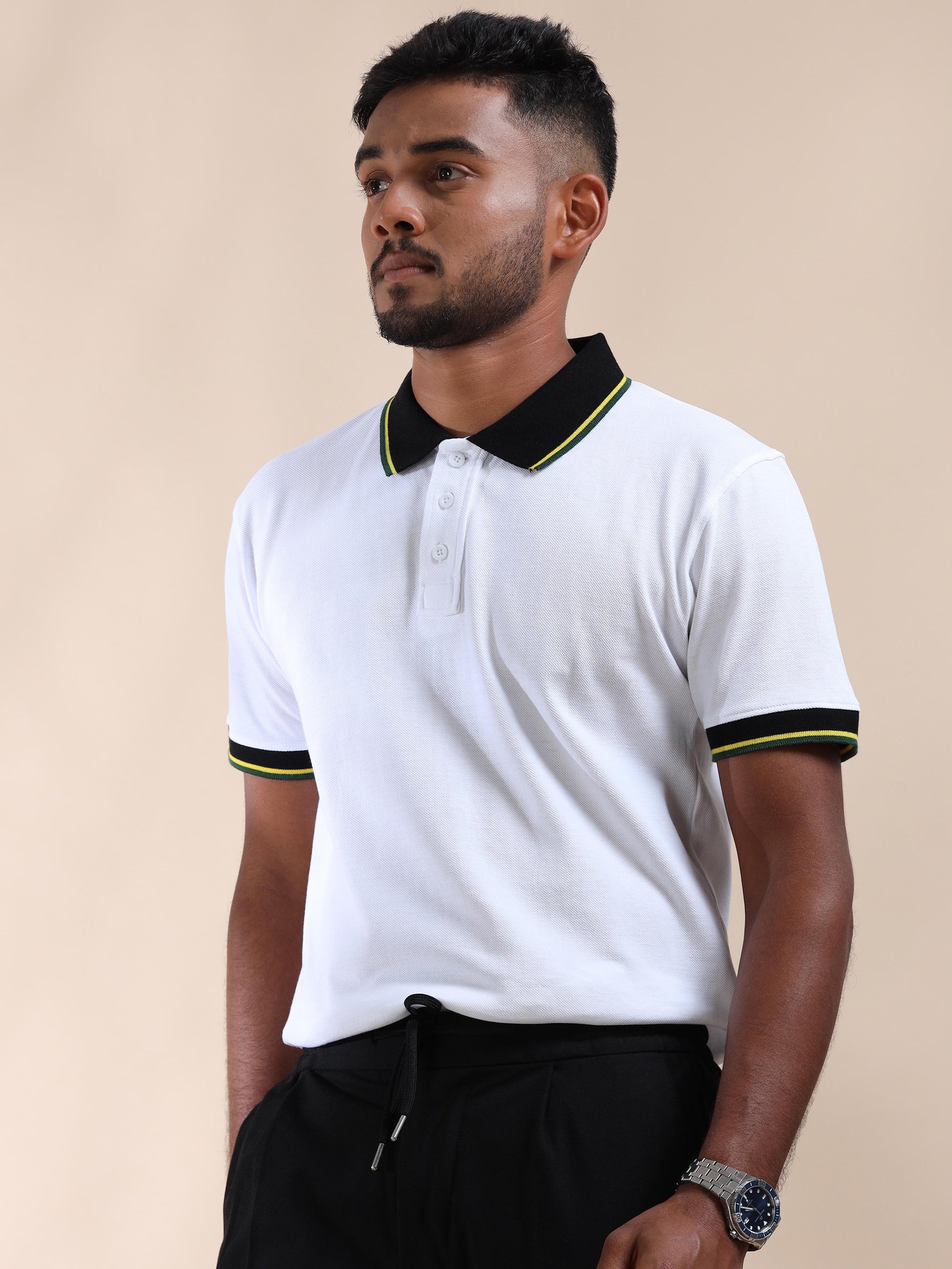 Yellow & Green Tipping Collar White Cotton Polo T Shirt for men